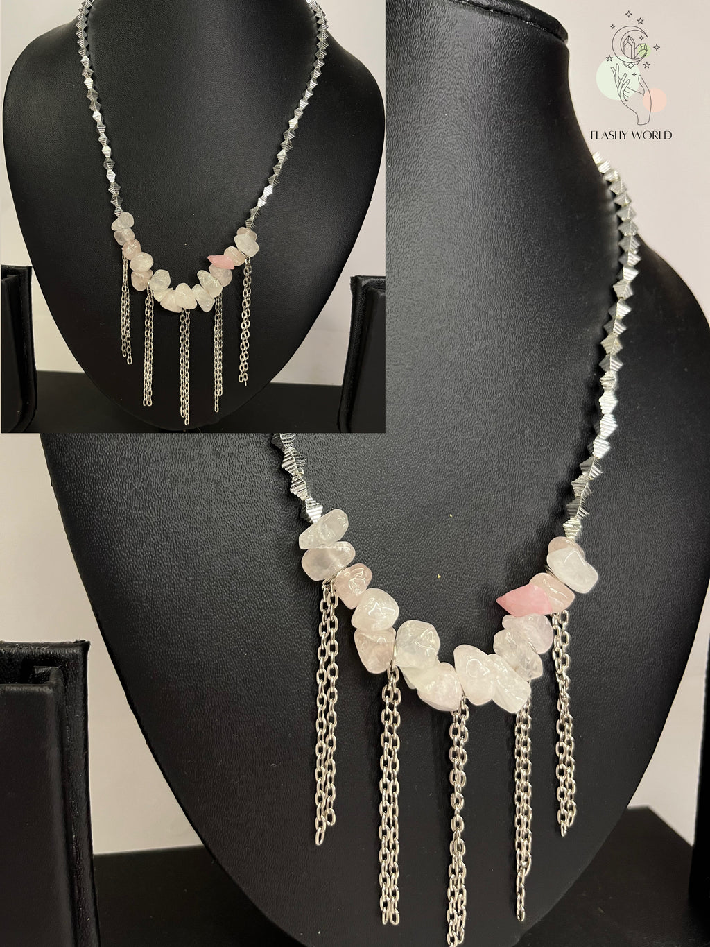 Rose Quartz Chain Drape Necklace – Natural Crystal Chips with Silver Beads & Layered Chain Design | Handmade Healing Jewelry