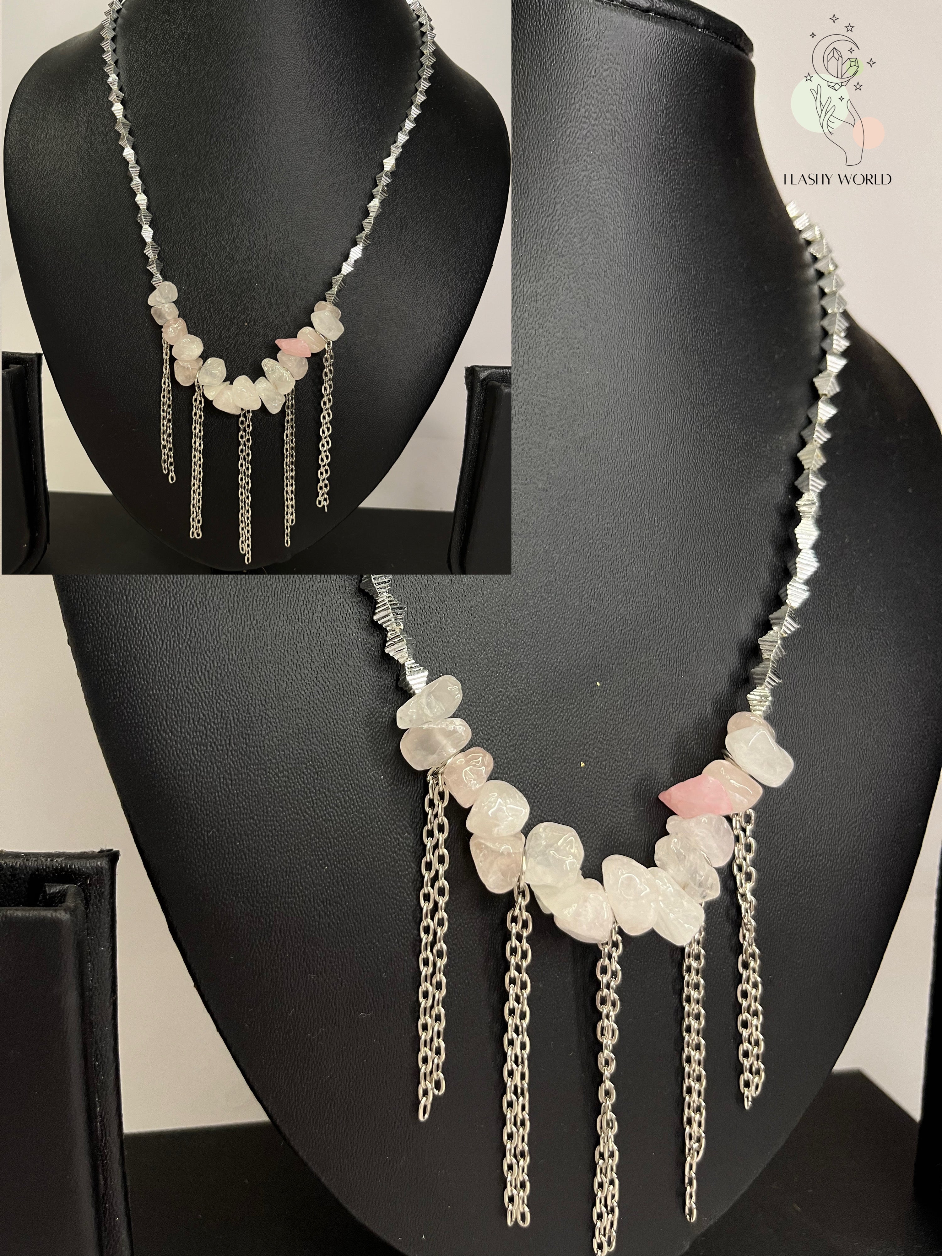Rose Quartz Chain Drape Necklace – Natural Crystal Chips with Silver Beads & Layered Chain Design | Handmade Healing Jewelry