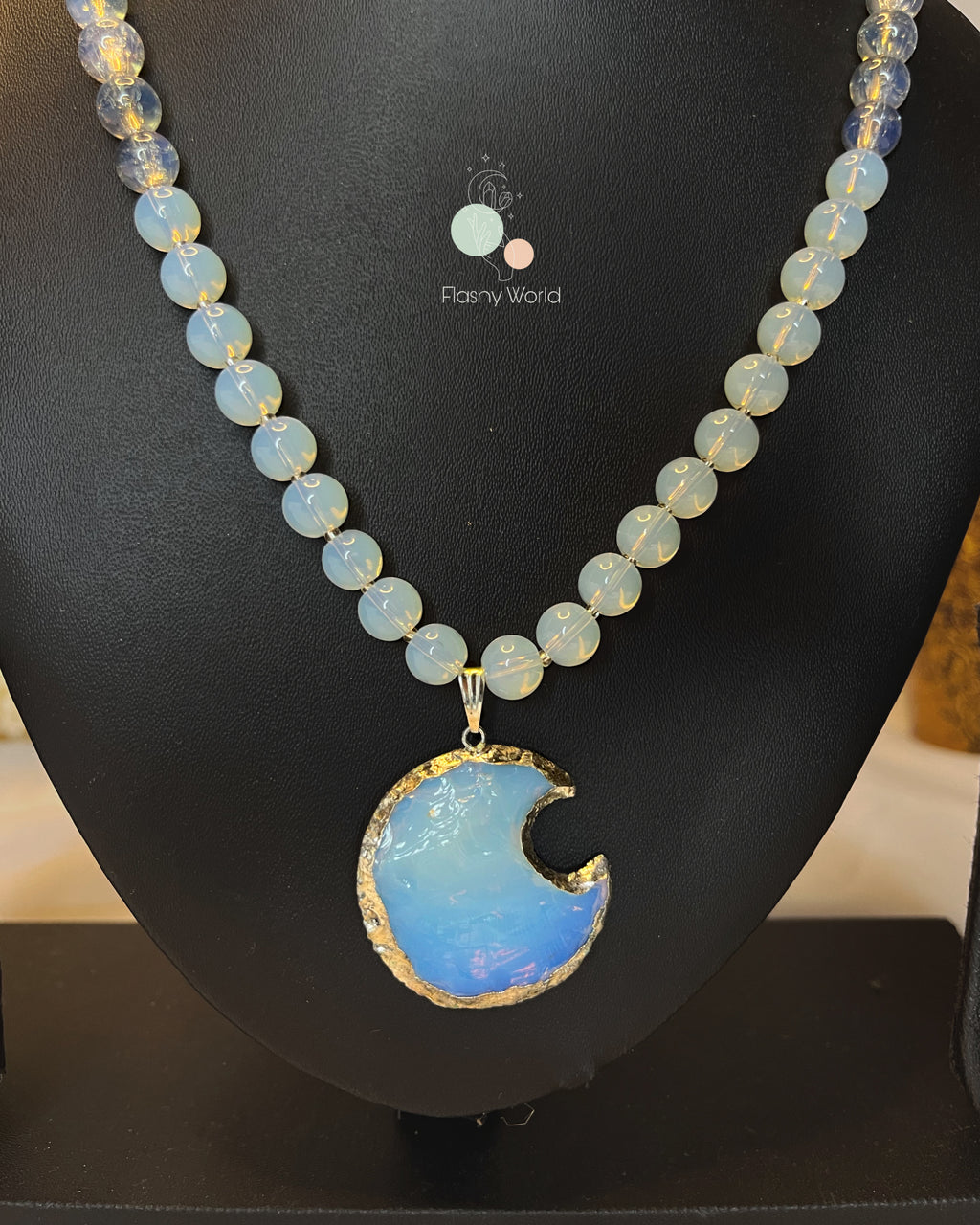 Opalite Moon Pendant Necklace – 8mm Beaded Healing Crystal Jewelry | Glow-in-Light Natural Stone Necklace