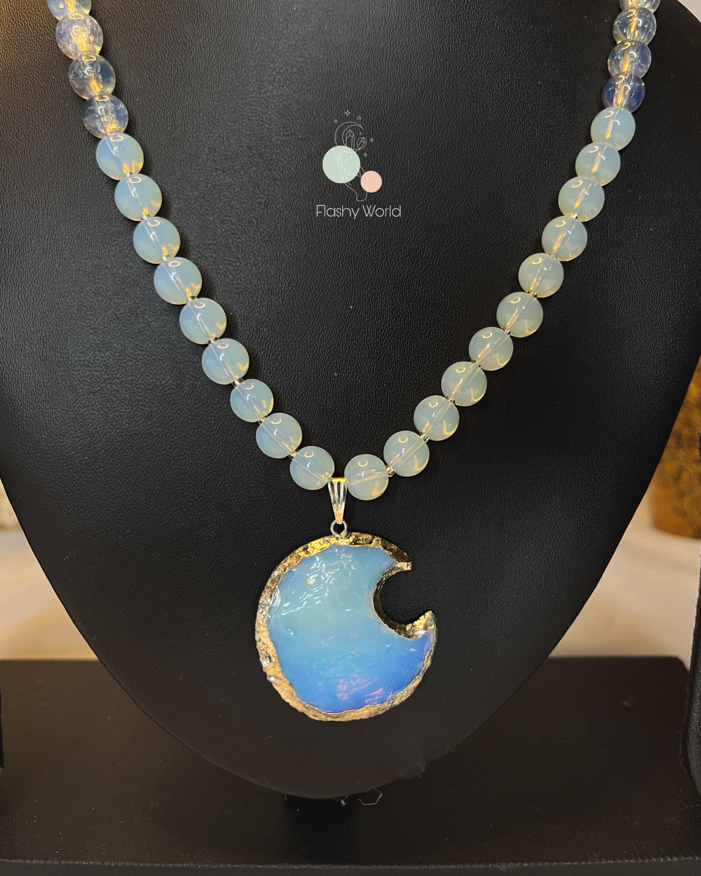 Opalite Moon Pendant Necklace – 8mm Beaded Healing Crystal Jewelry | Glow-in-Light Natural Stone Necklace