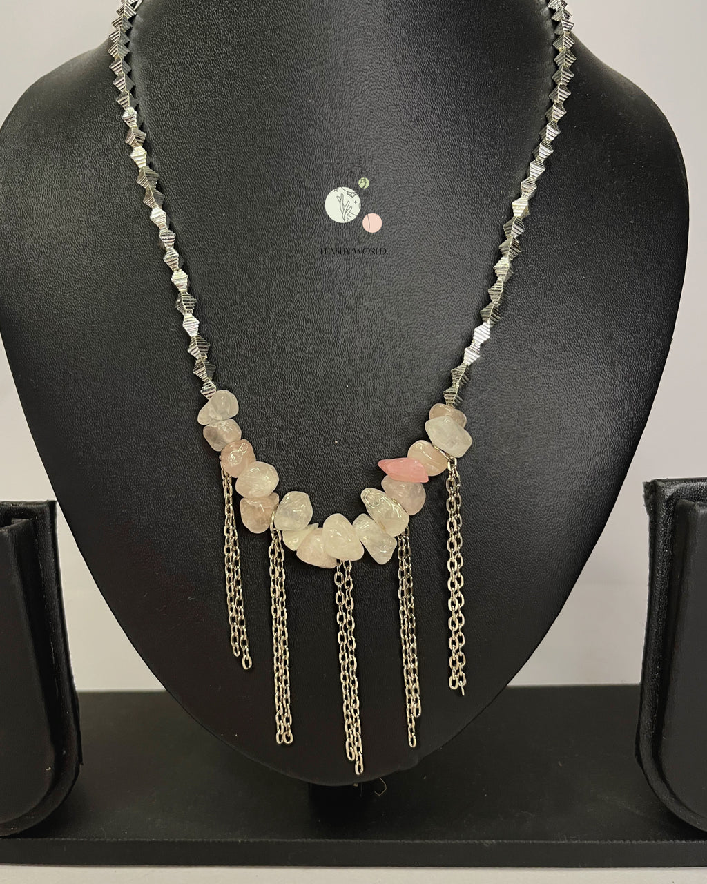 Rose Quartz Chain Drape Necklace – Natural Crystal Chips with Silver Beads & Layered Chain Design | Handmade Healing Jewelry