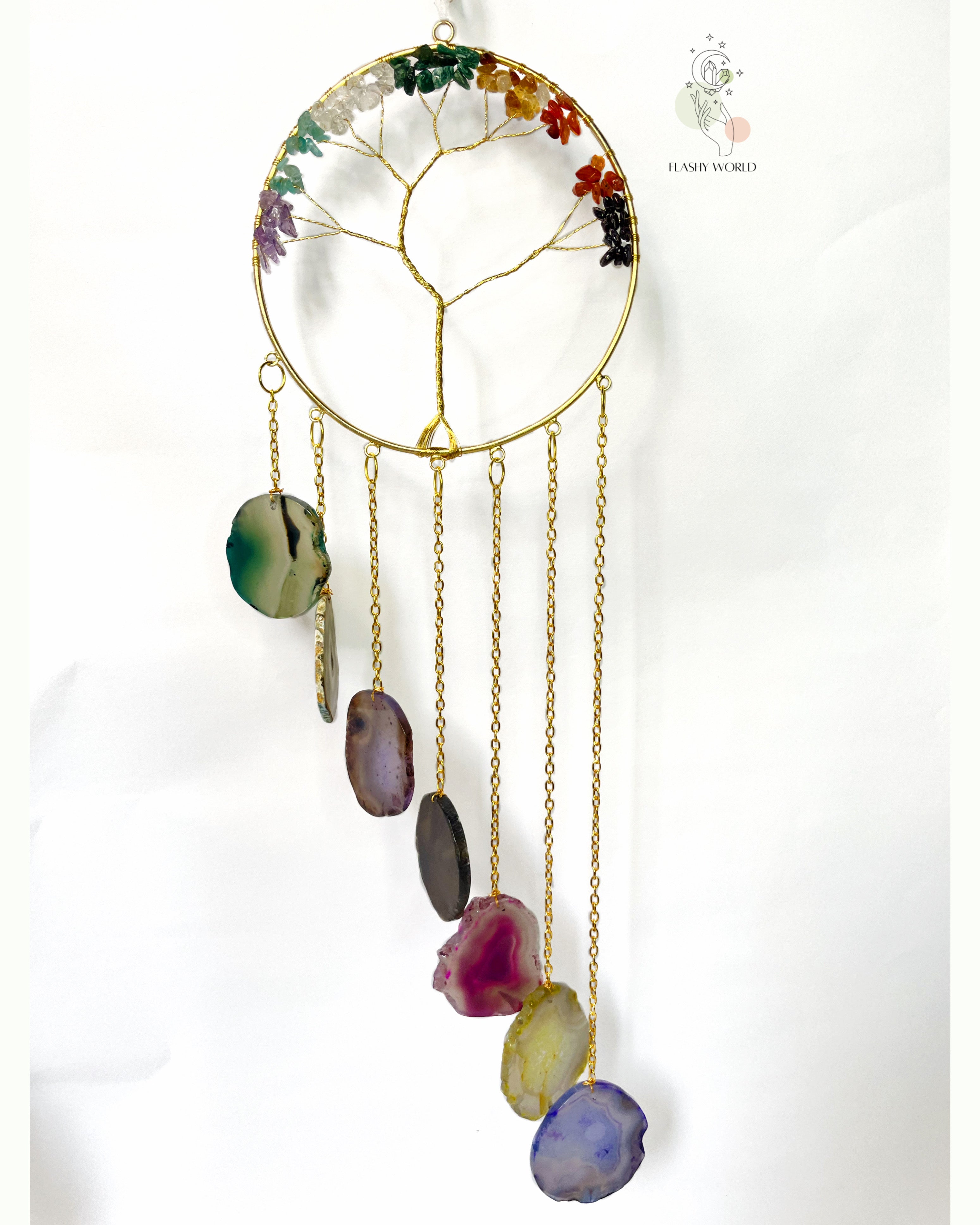 Handmade 7 Chakra Tree of Life Wall Hanger with Agate Coaster Plates | Healing Energy Decor & Gift