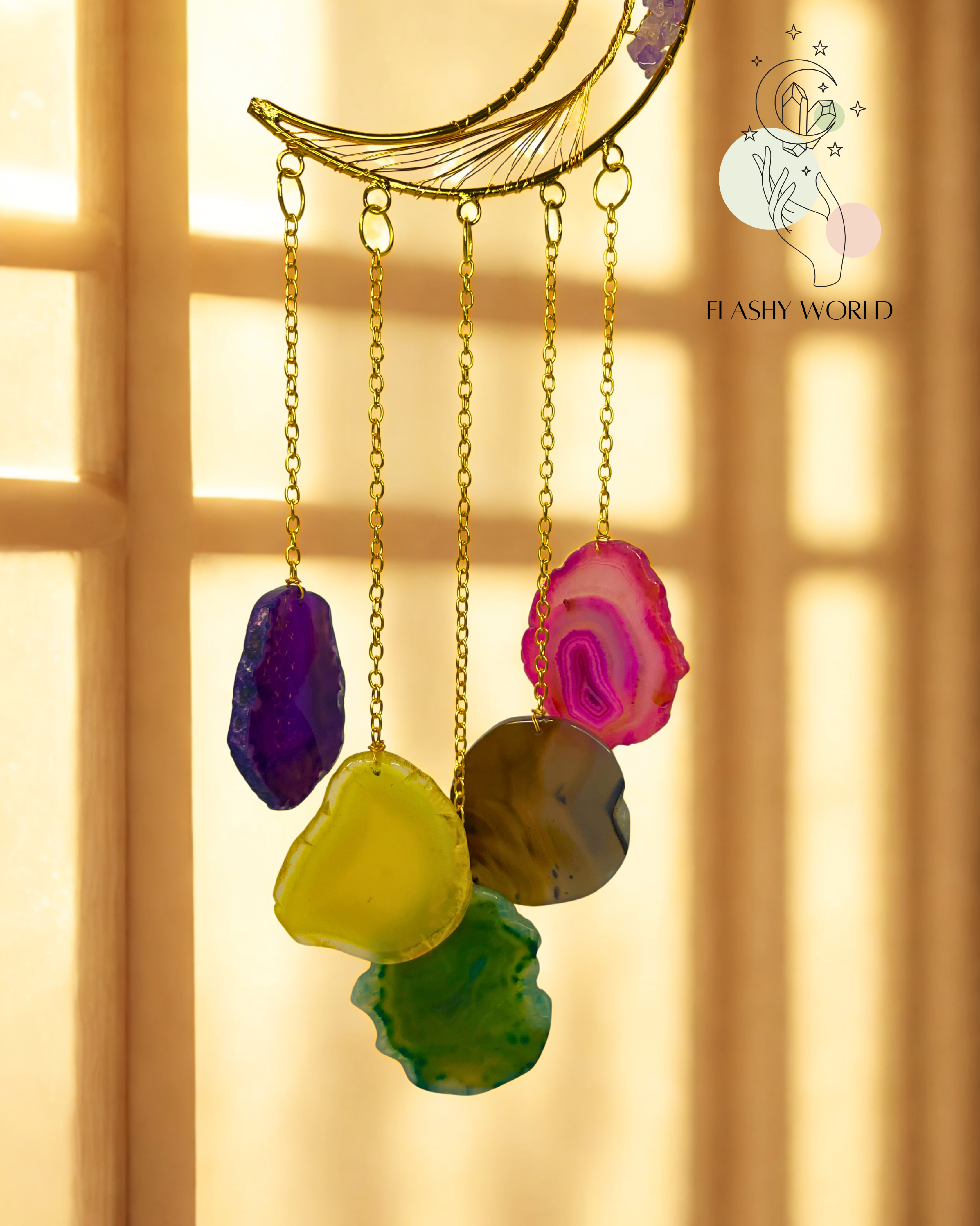 Handmade 7 Chakra Moon Hanger with Colorful Agate Coaster Plates | Crystal Wall Decor | Positive Energy Room Decor | Perfect Spiritual Gift