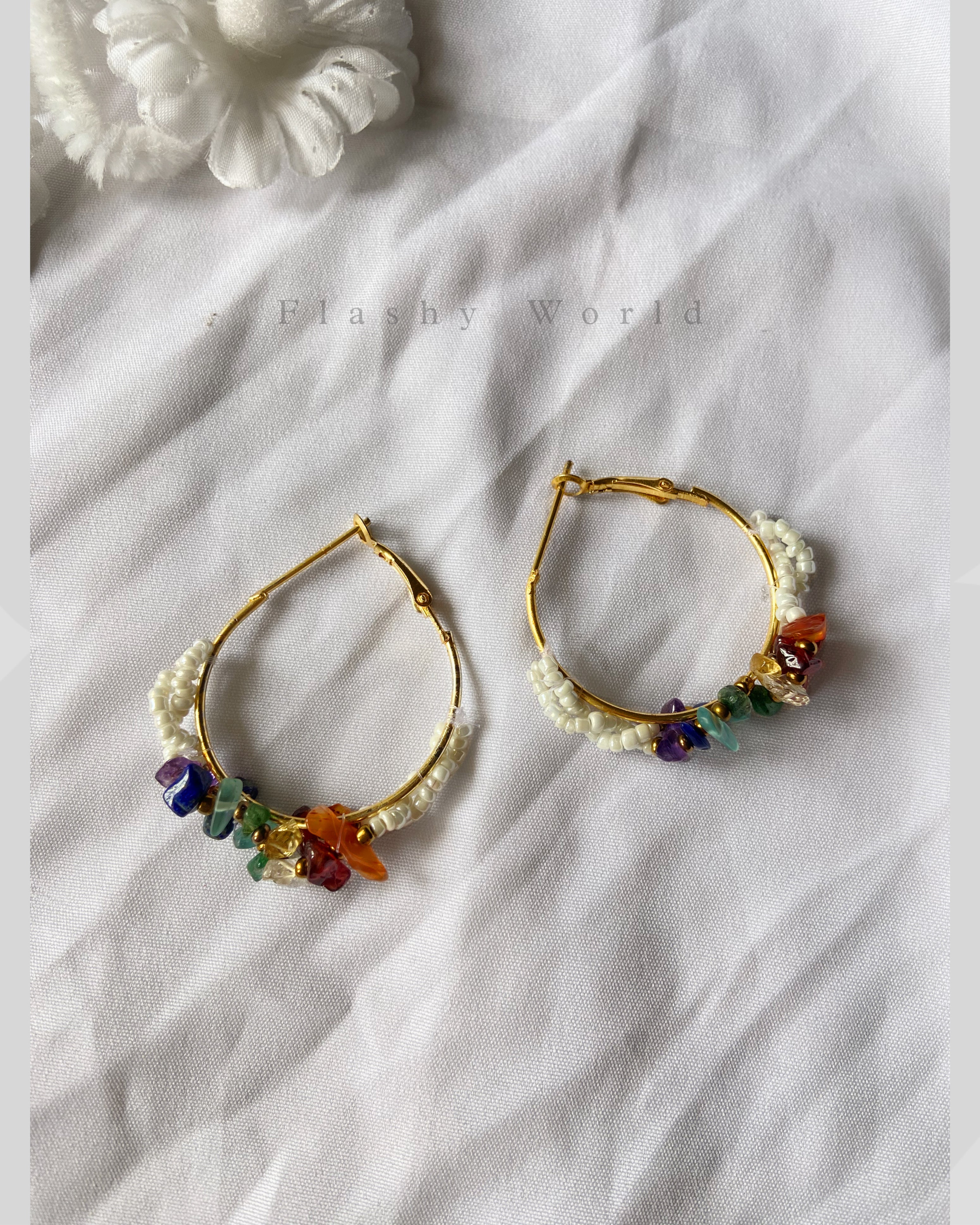 Handmade 7 Chakra Chip Beads Hoop Earrings | Natural Crystal Healing Earrings for Girls & Women