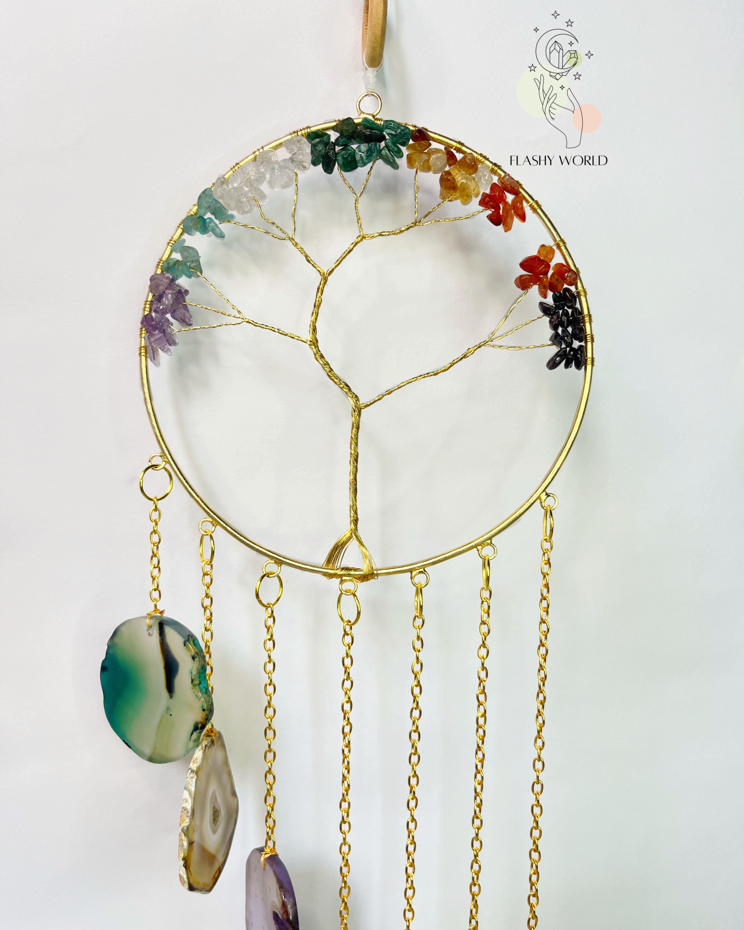Handmade 7 Chakra Tree of Life Wall Hanger with Agate Coaster Plates | Healing Energy Decor & Gift