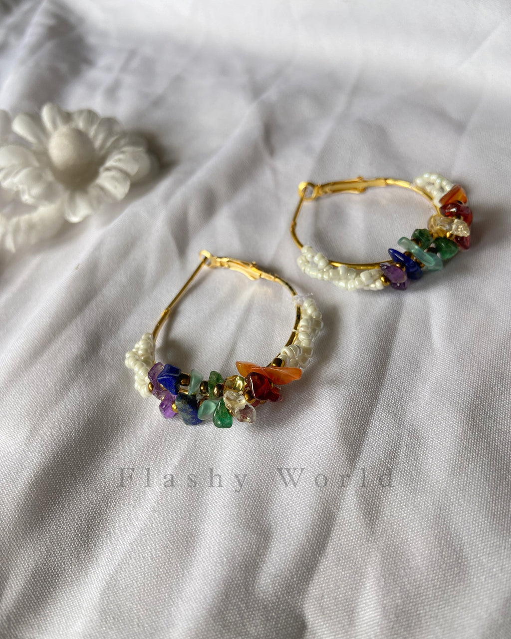 Handmade 7 Chakra Chip Beads Hoop Earrings | Natural Crystal Healing Earrings for Girls & Women
