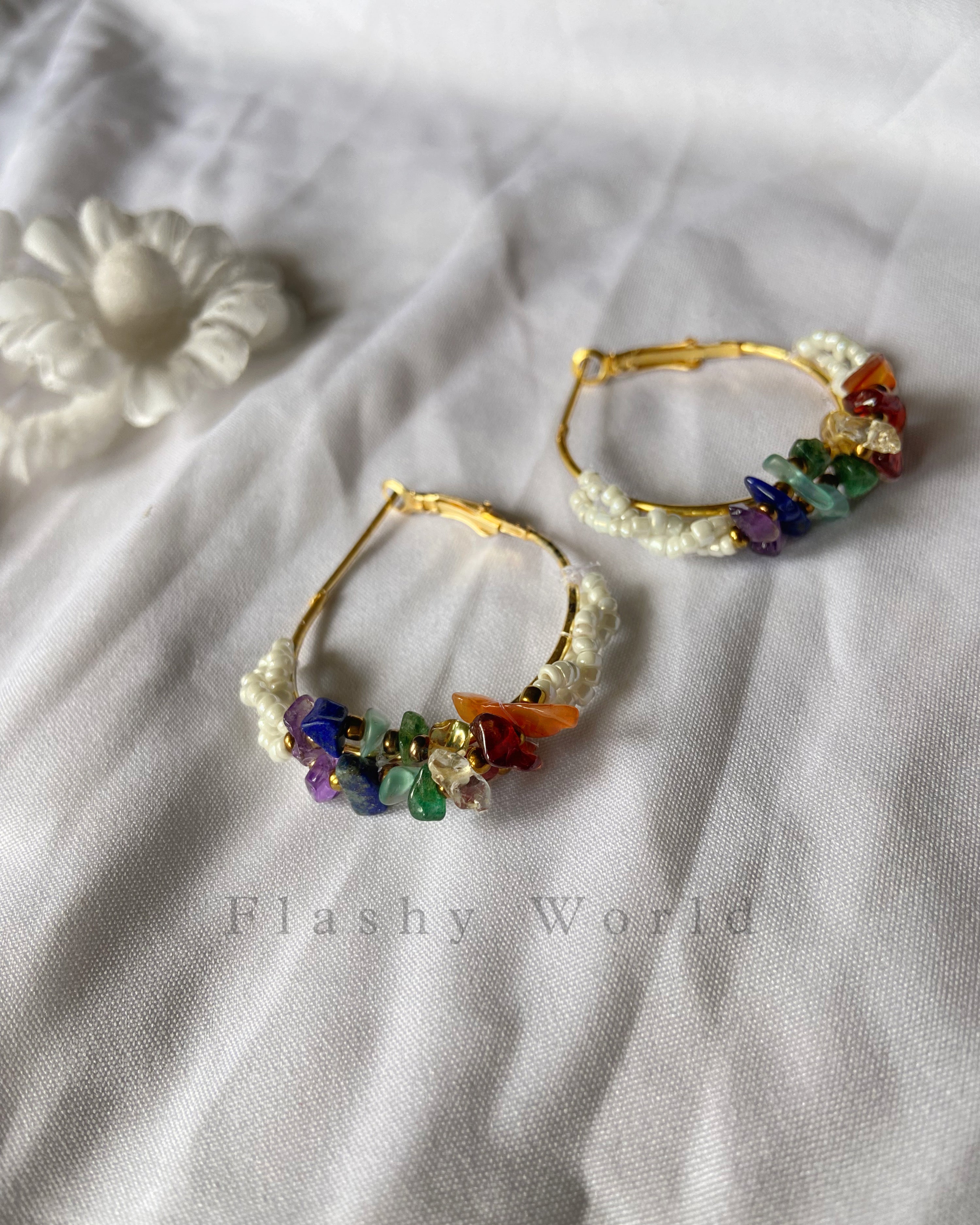 Handmade 7 Chakra Chip Beads Hoop Earrings | Natural Crystal Healing Earrings for Girls & Women
