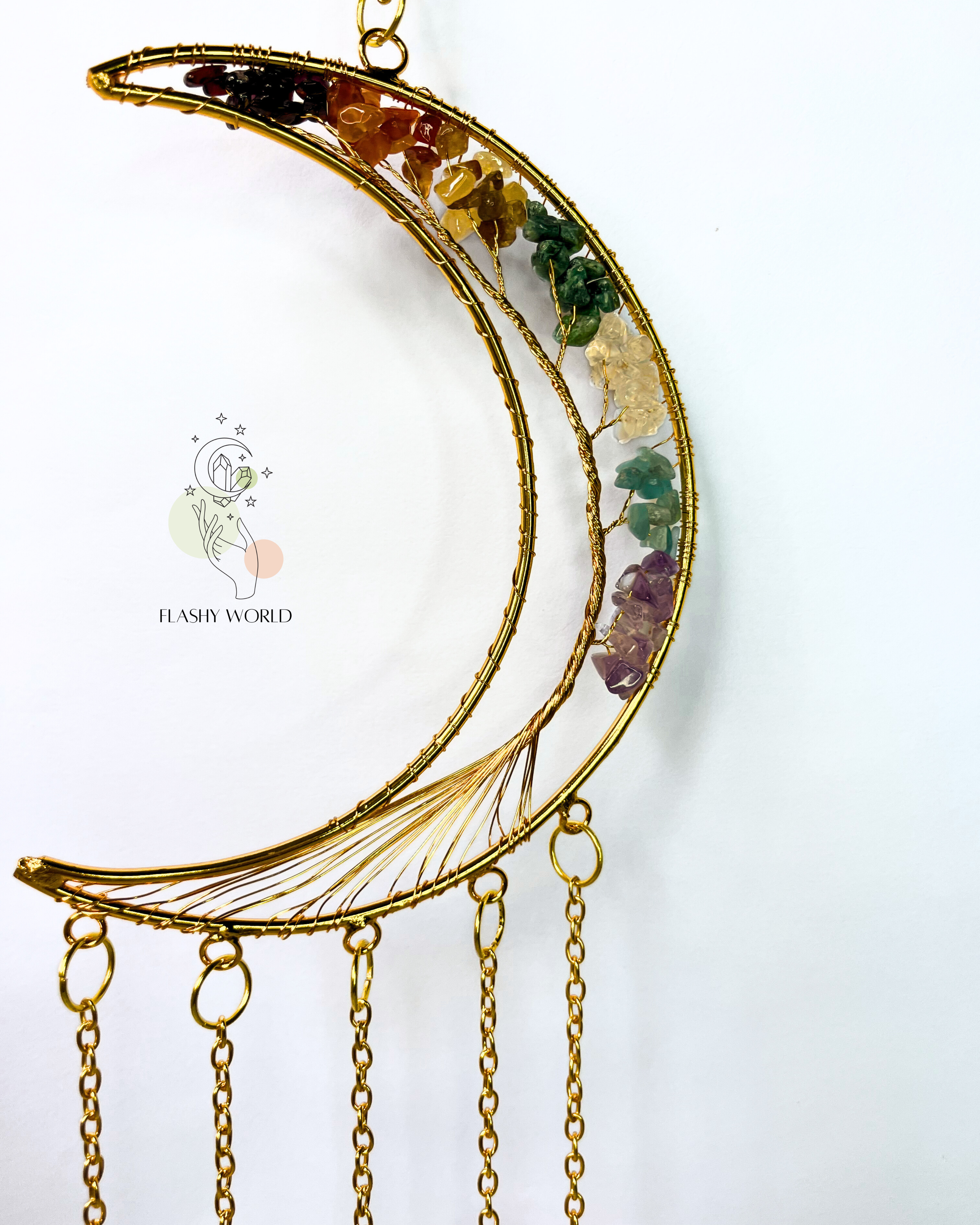 Handmade 7 Chakra Moon Hanger with Colorful Agate Coaster Plates | Crystal Wall Decor | Positive Energy Room Decor | Perfect Spiritual Gift