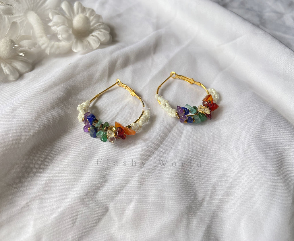 Handmade 7 Chakra Chip Beads Hoop Earrings | Natural Crystal Healing Earrings for Girls & Women