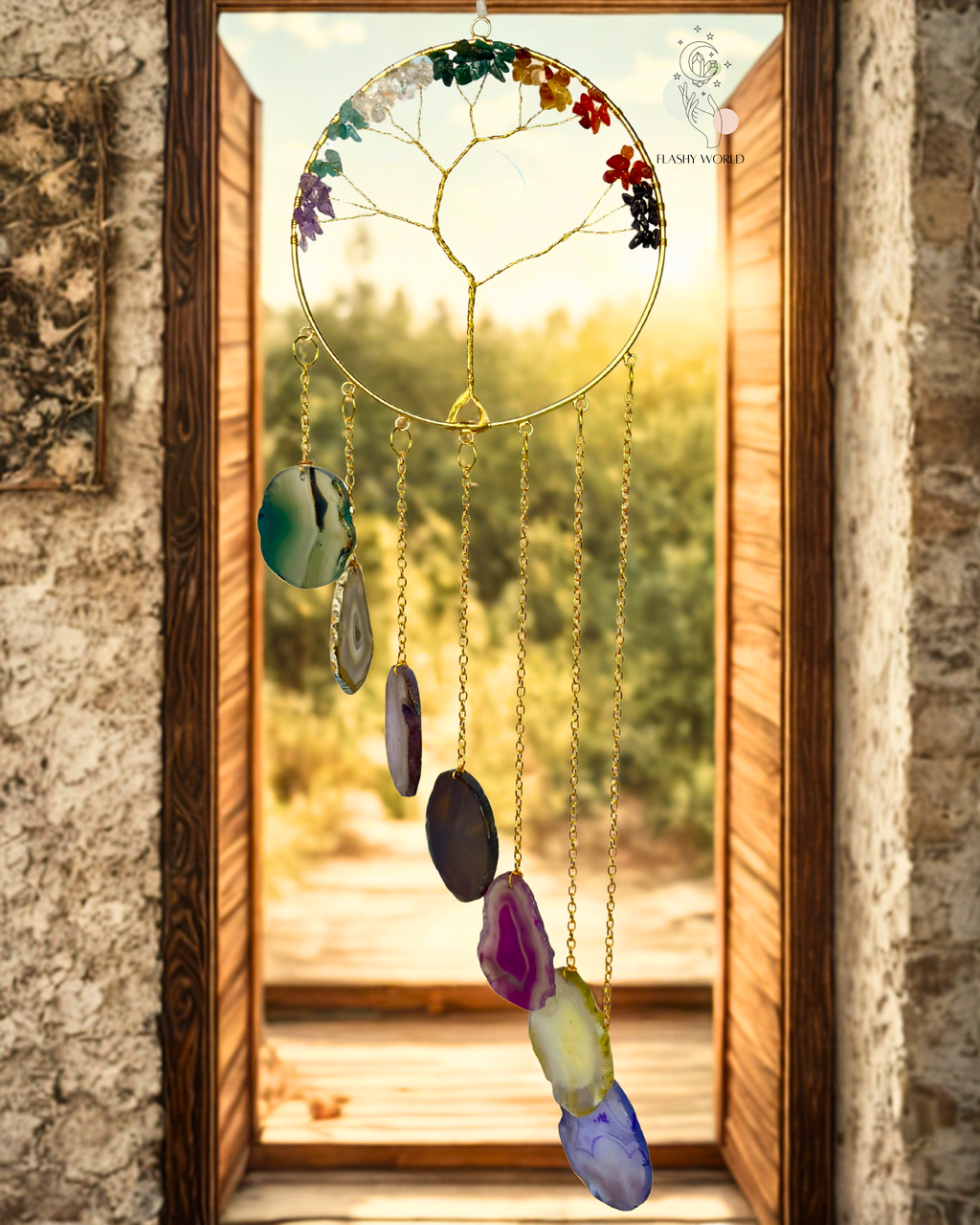 Handmade 7 Chakra Tree of Life Wall Hanger with Agate Coaster Plates | Healing Energy Decor & Gift