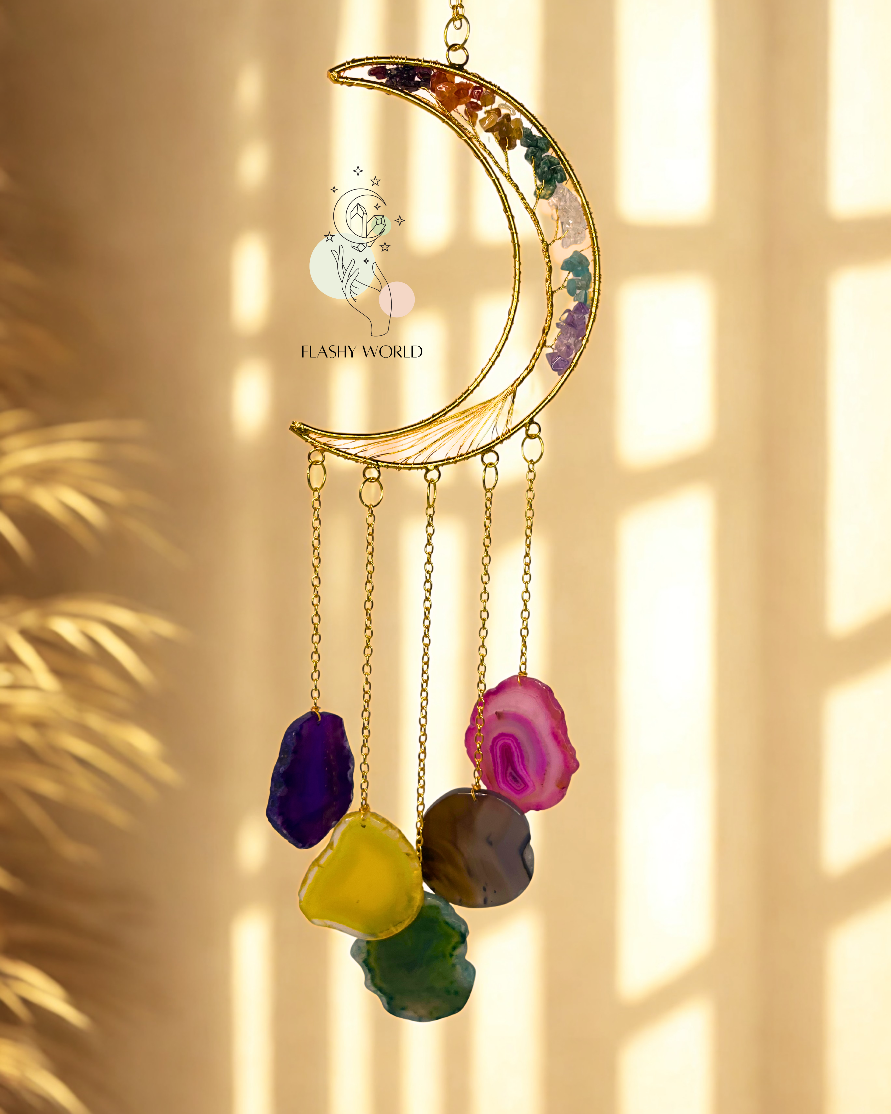 Handmade 7 Chakra Moon Hanger with Colorful Agate Coaster Plates | Crystal Wall Decor | Positive Energy Room Decor | Perfect Spiritual Gift