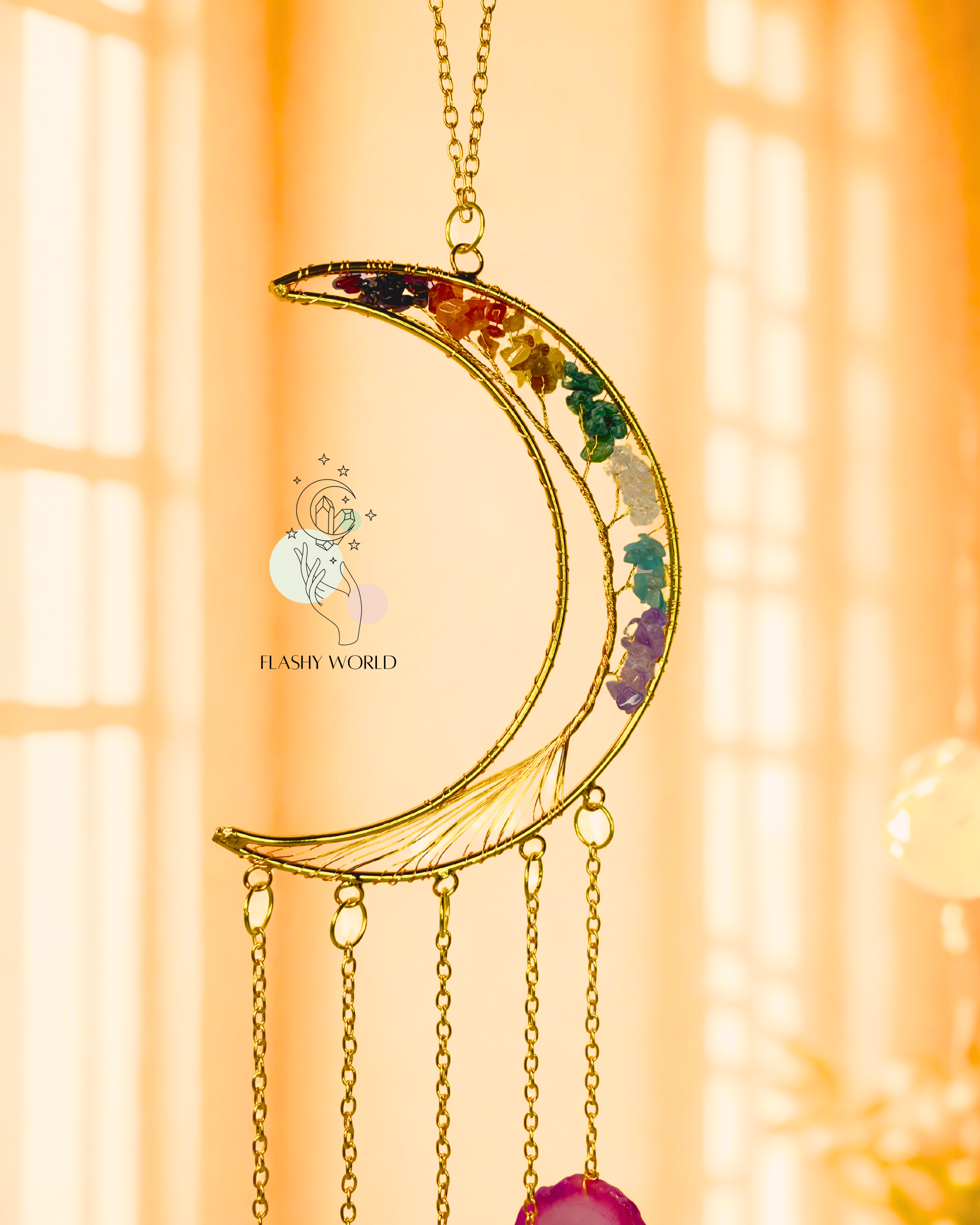 Handmade 7 Chakra Moon Hanger with Colorful Agate Coaster Plates | Crystal Wall Decor | Positive Energy Room Decor | Perfect Spiritual Gift
