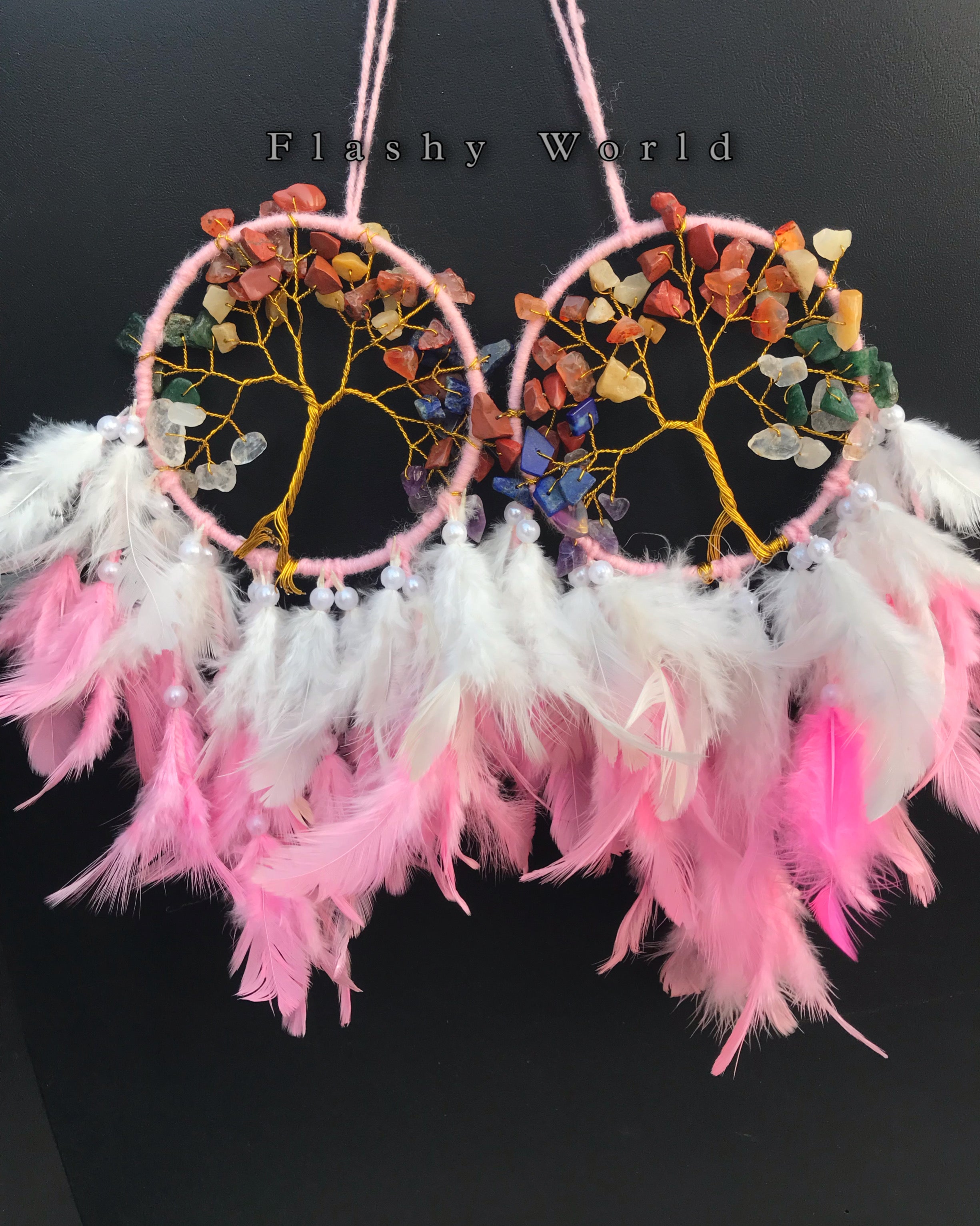 Mini Car Dream Catcher with 7 Chakra Tree of Life & Natural Pink-White Feathers | Handmade Car Hanging for Positive Energy & Protection