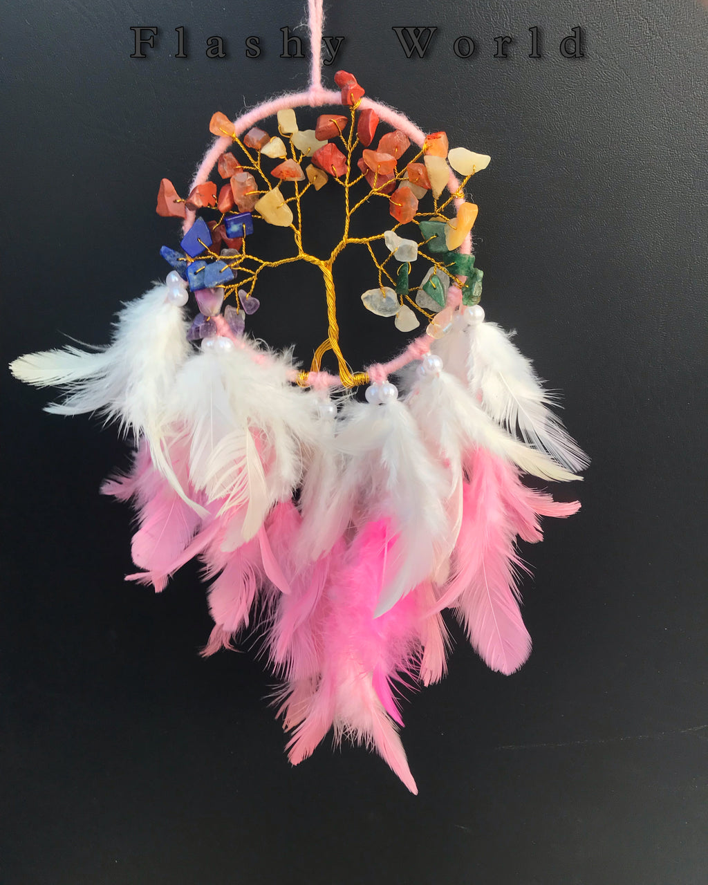 Mini Car Dream Catcher with 7 Chakra Tree of Life & Natural Pink-White Feathers | Handmade Car Hanging for Positive Energy & Protection
