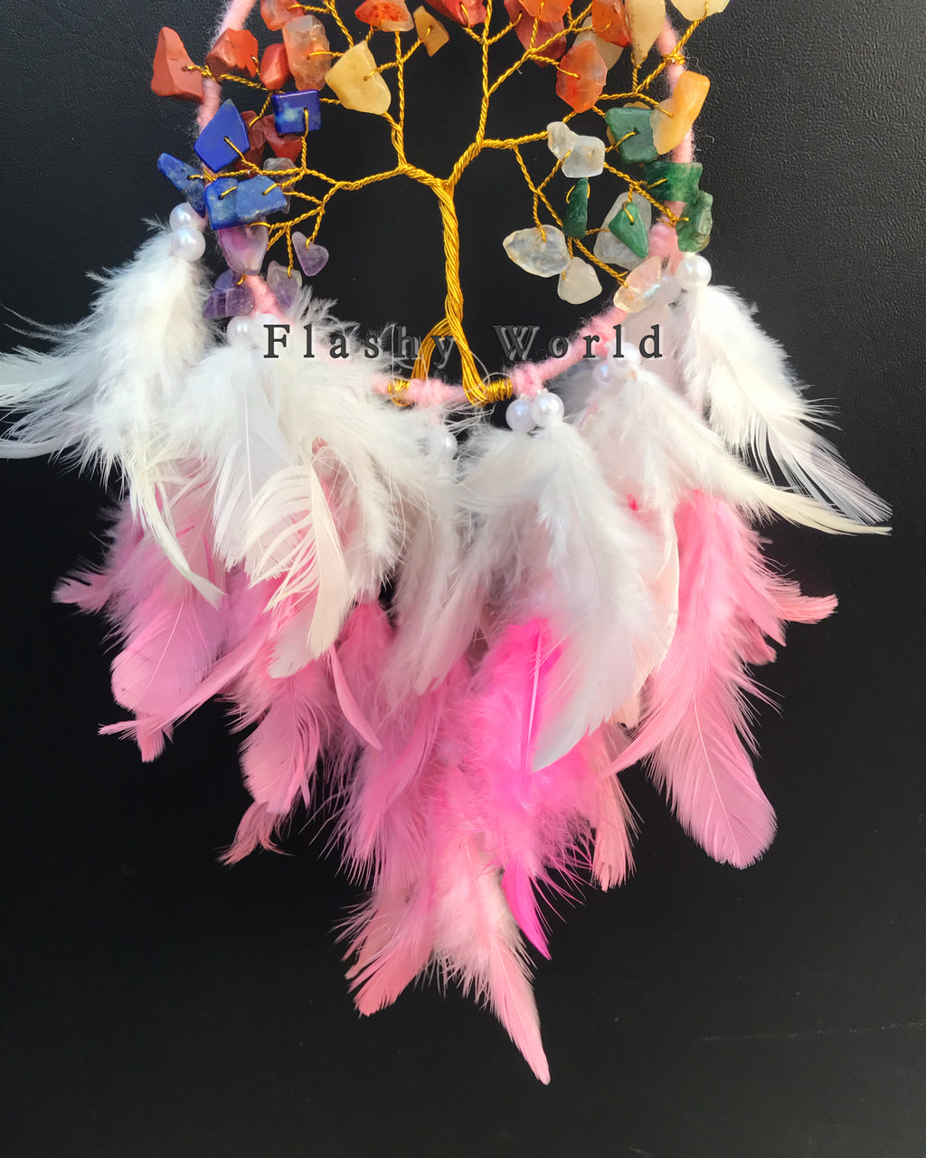 Mini Car Dream Catcher with 7 Chakra Tree of Life & Natural Pink-White Feathers | Handmade Car Hanging for Positive Energy & Protection