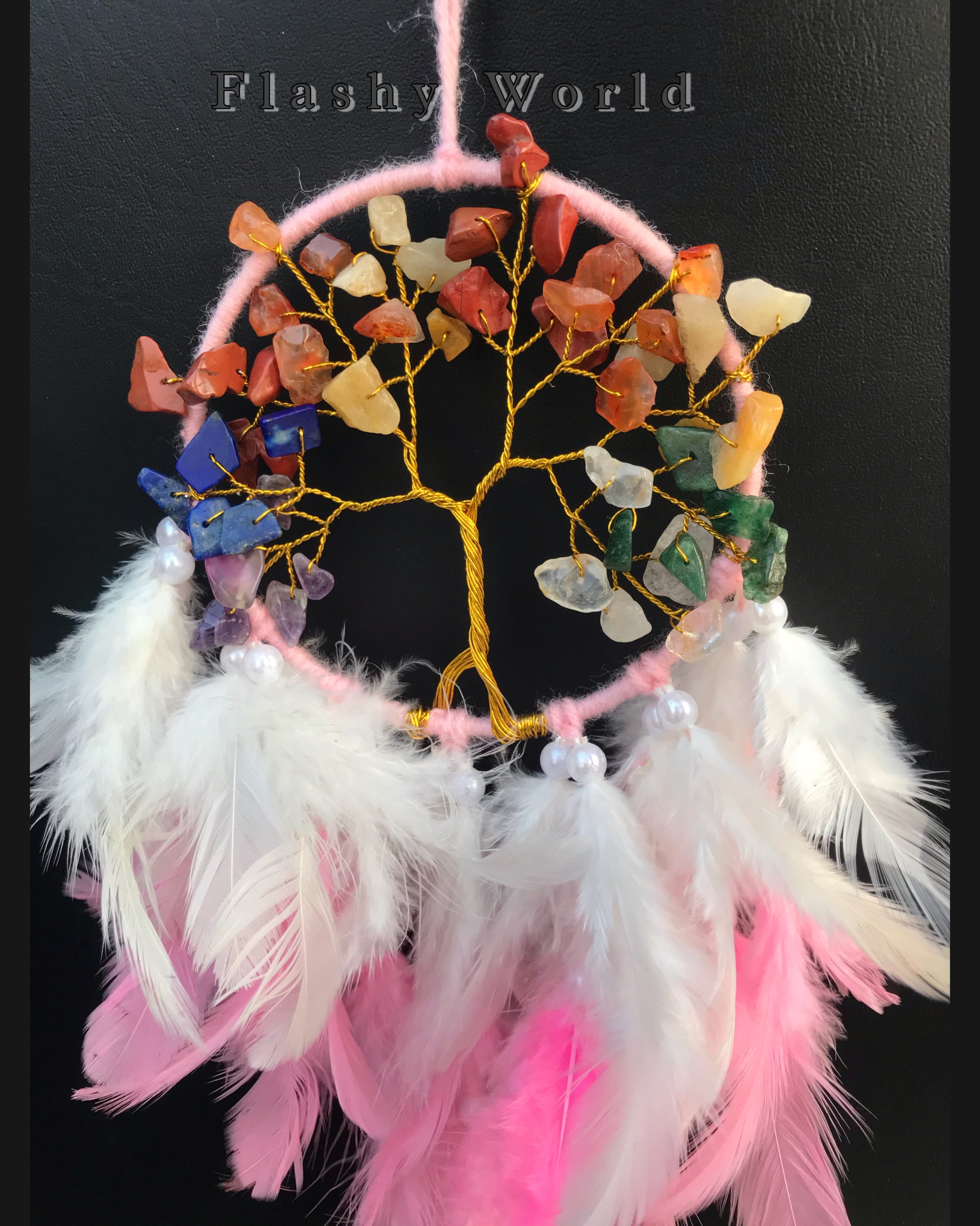 Mini Car Dream Catcher with 7 Chakra Tree of Life & Natural Pink-White Feathers | Handmade Car Hanging for Positive Energy & Protection