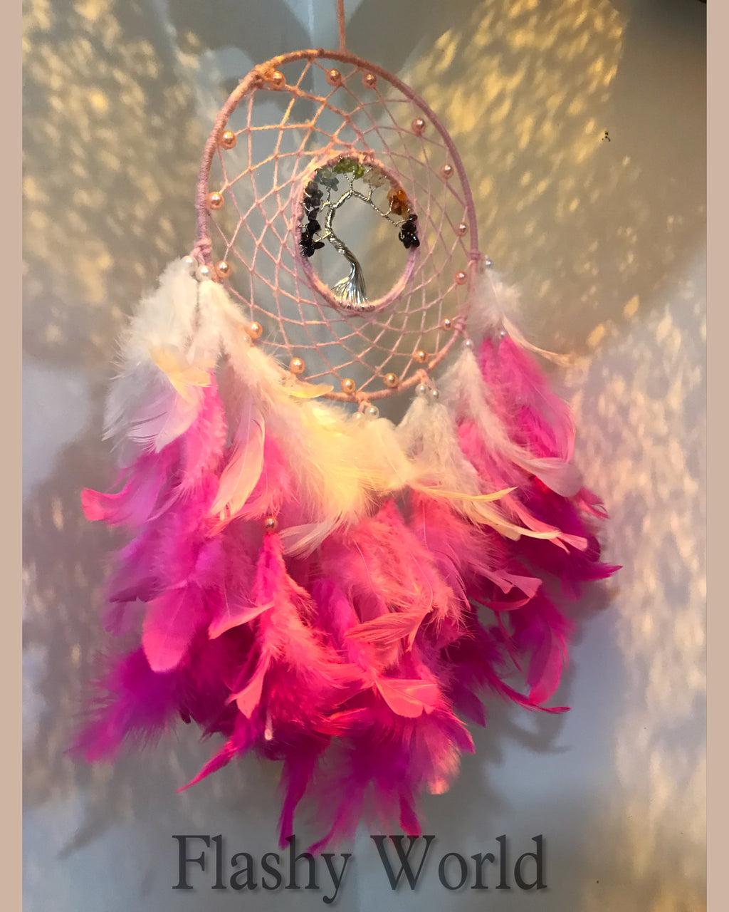 7 Chakra Tree of Life Dreamcatcher with Natural Feathers – Pink Aesthetic Wall Hanging for Positive Energy, Good Sleep & Home Décor Gift