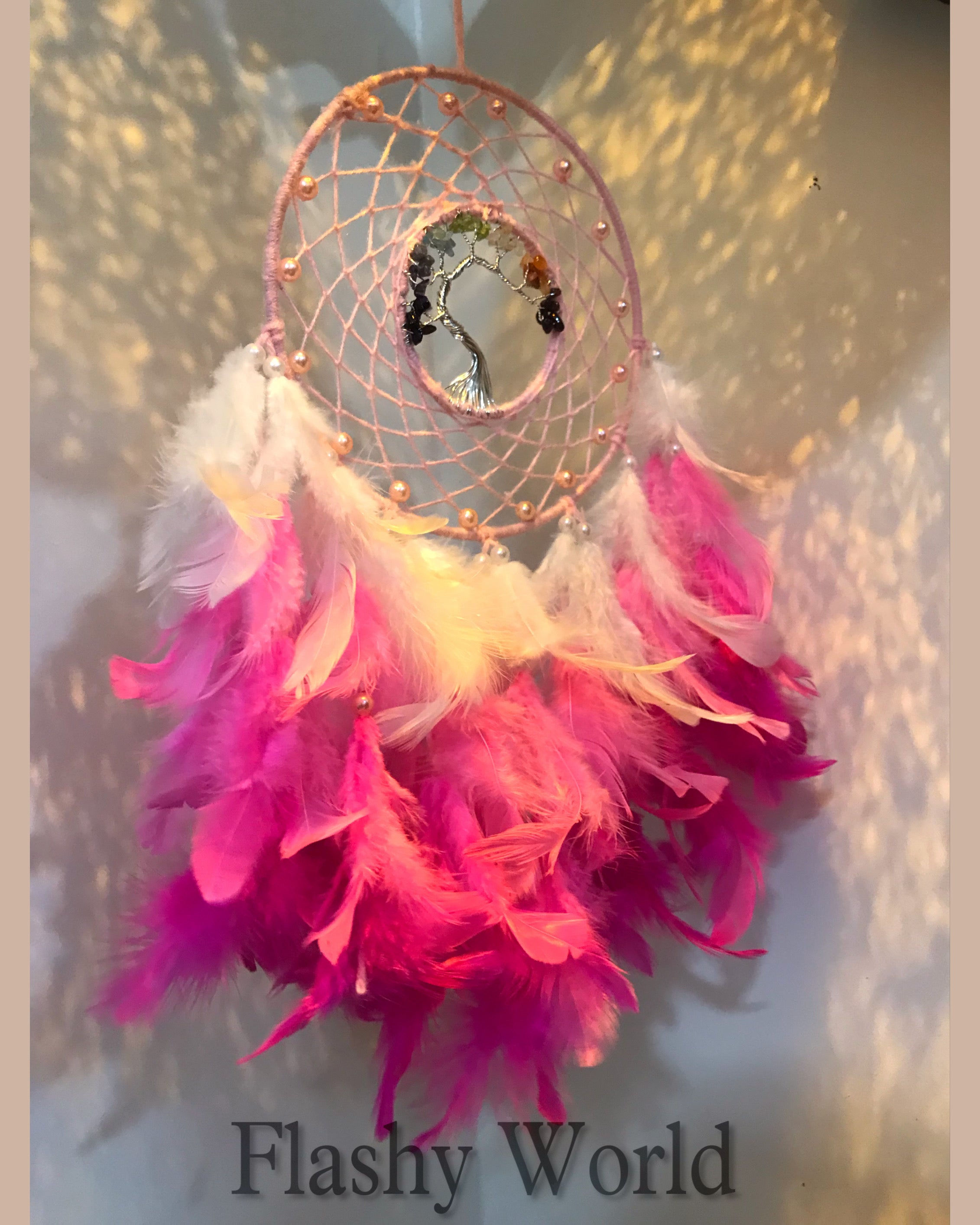 7 Chakra Tree of Life Dreamcatcher with Natural Feathers – Pink Aesthetic Wall Hanging for Positive Energy, Good Sleep & Home Décor Gift