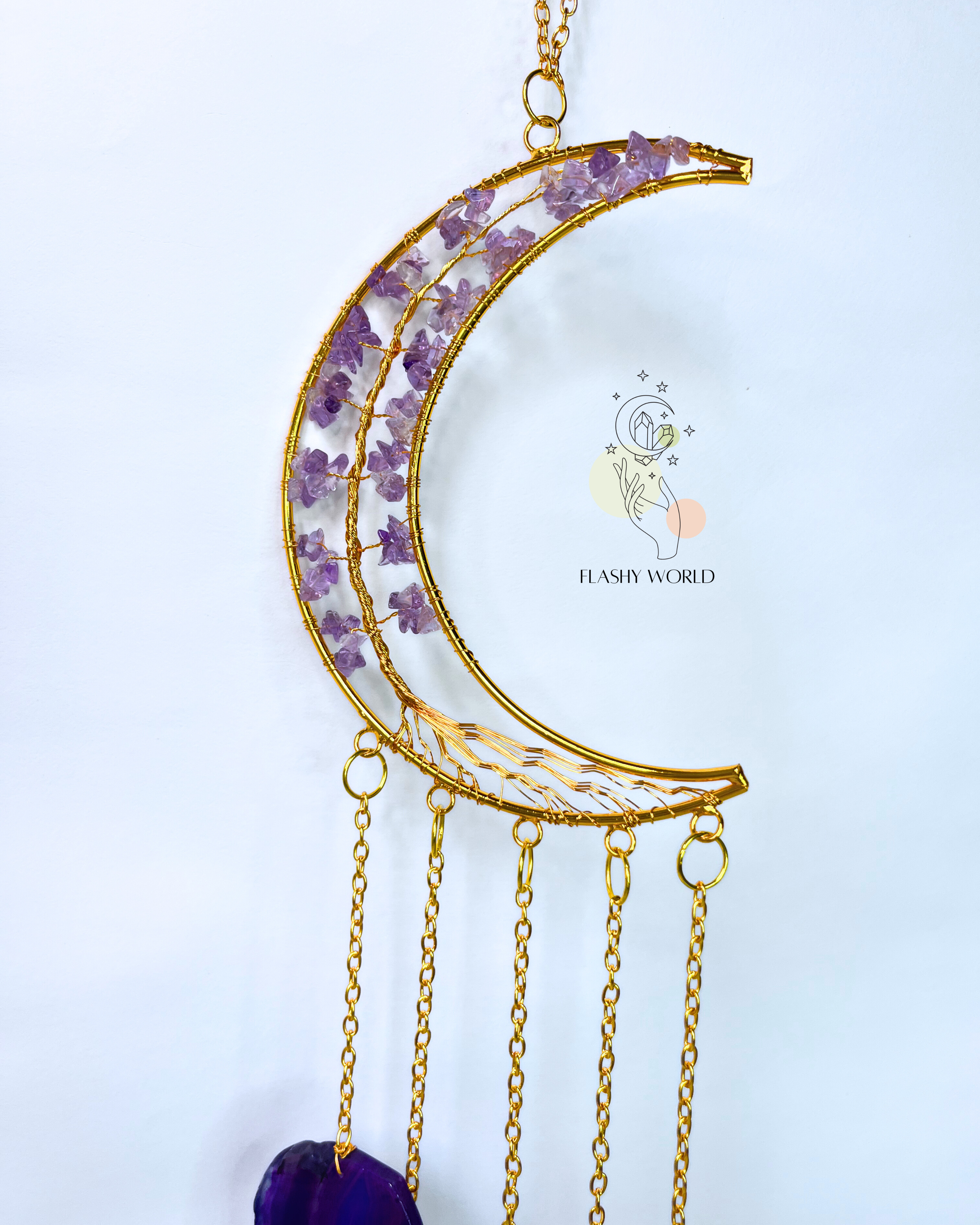 Handmade Amethyst Moon Tree Wall Hanger with Agate Coaster Plates | Crystal Wind Chime for Home Decor, Healing & Gifting