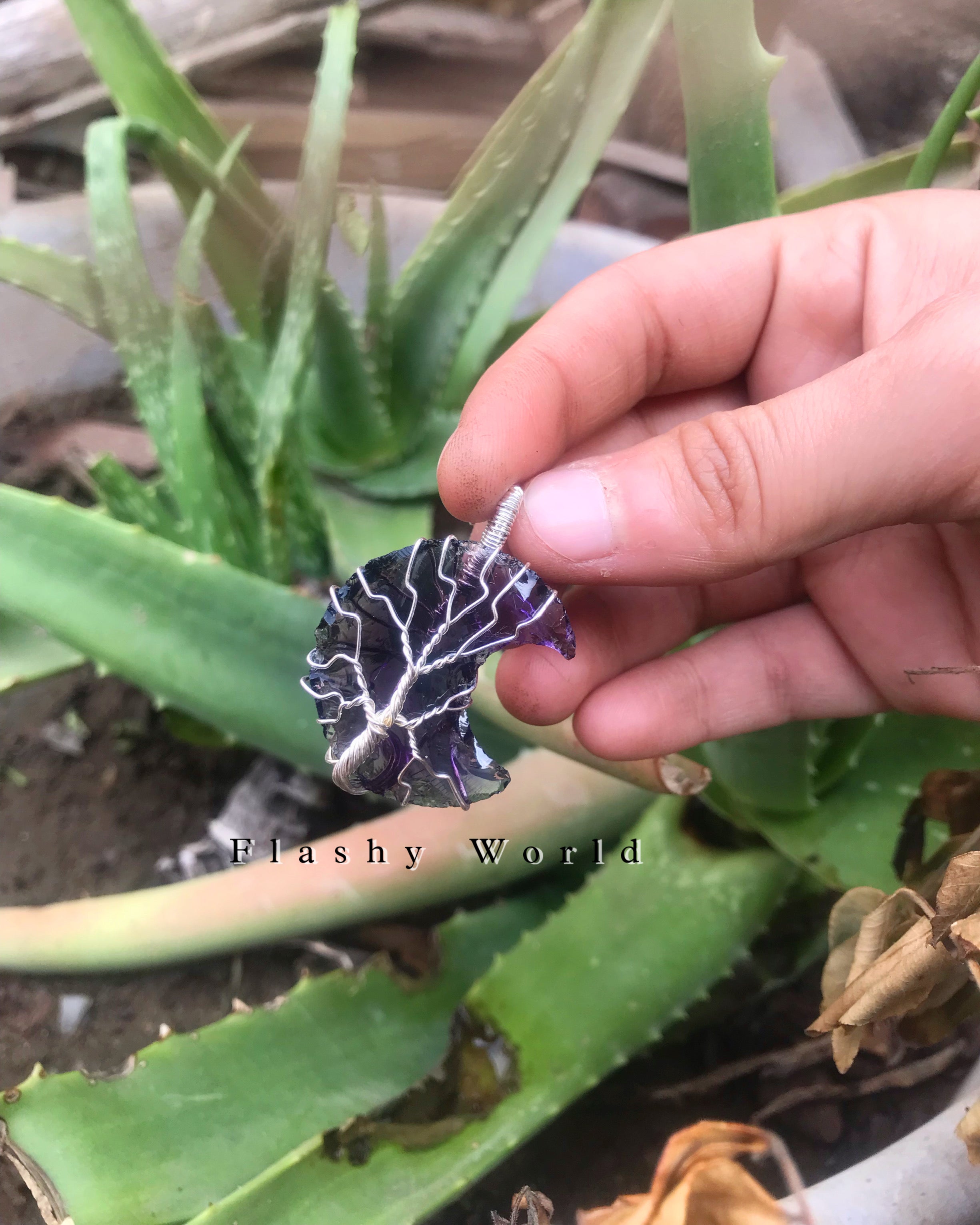 Amethyst Moon Pendant with Silver Wire Wrap + Free Silver Chain