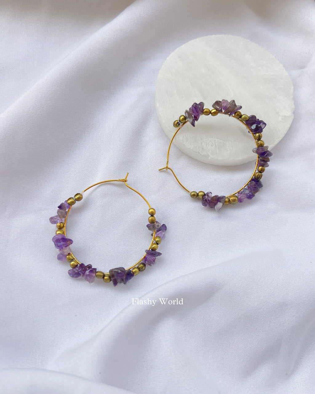 Handmade Amethyst Chip Beads Hoop Earrings | Natural Amethyst Crystal Earrings for Girls & Women
