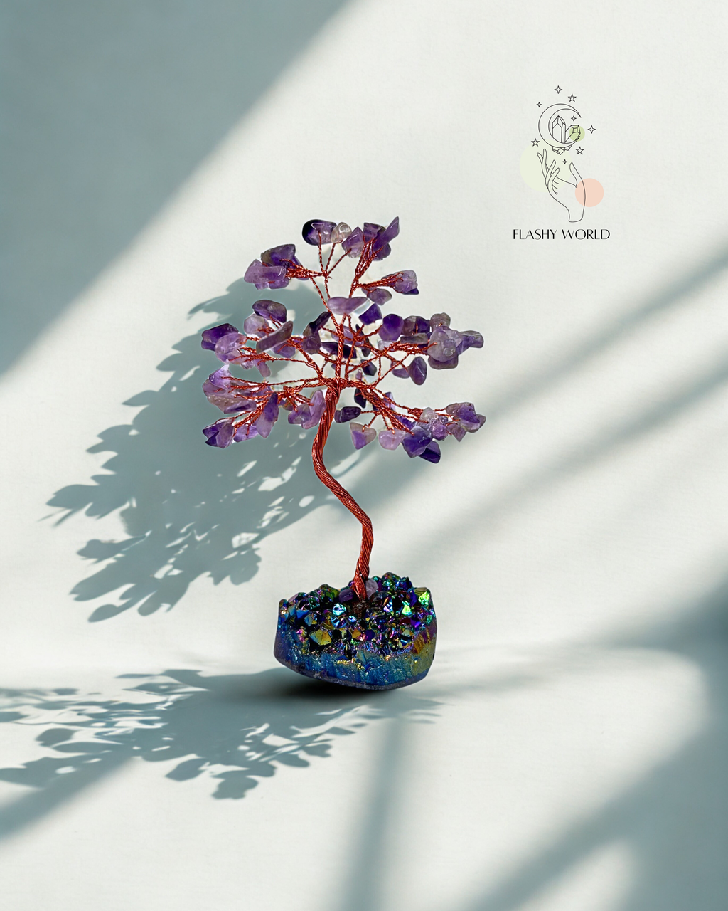 Amethyst Crystal Beaded Tree with Aura Cluster Base | Handmade Healing Stone Decor | Modern Vastu & Feng Shui Gift