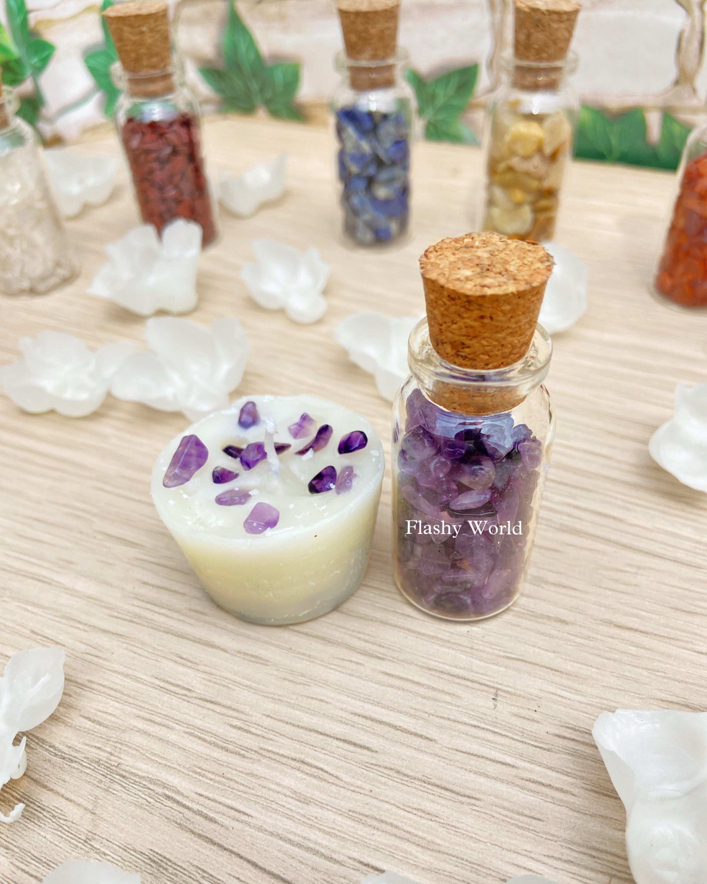 Amethyst Mini Candle + Pocket Crystal Bottle — Rose-scented Votive & Amethyst Tumble Gift Set
