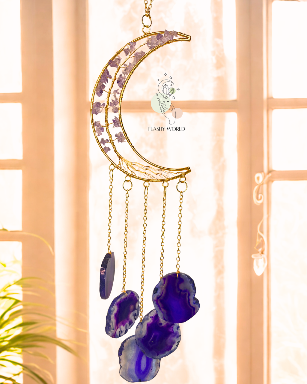 Handmade Amethyst Moon Tree Wall Hanger with Agate Coaster Plates | Crystal Wind Chime for Home Decor, Healing & Gifting