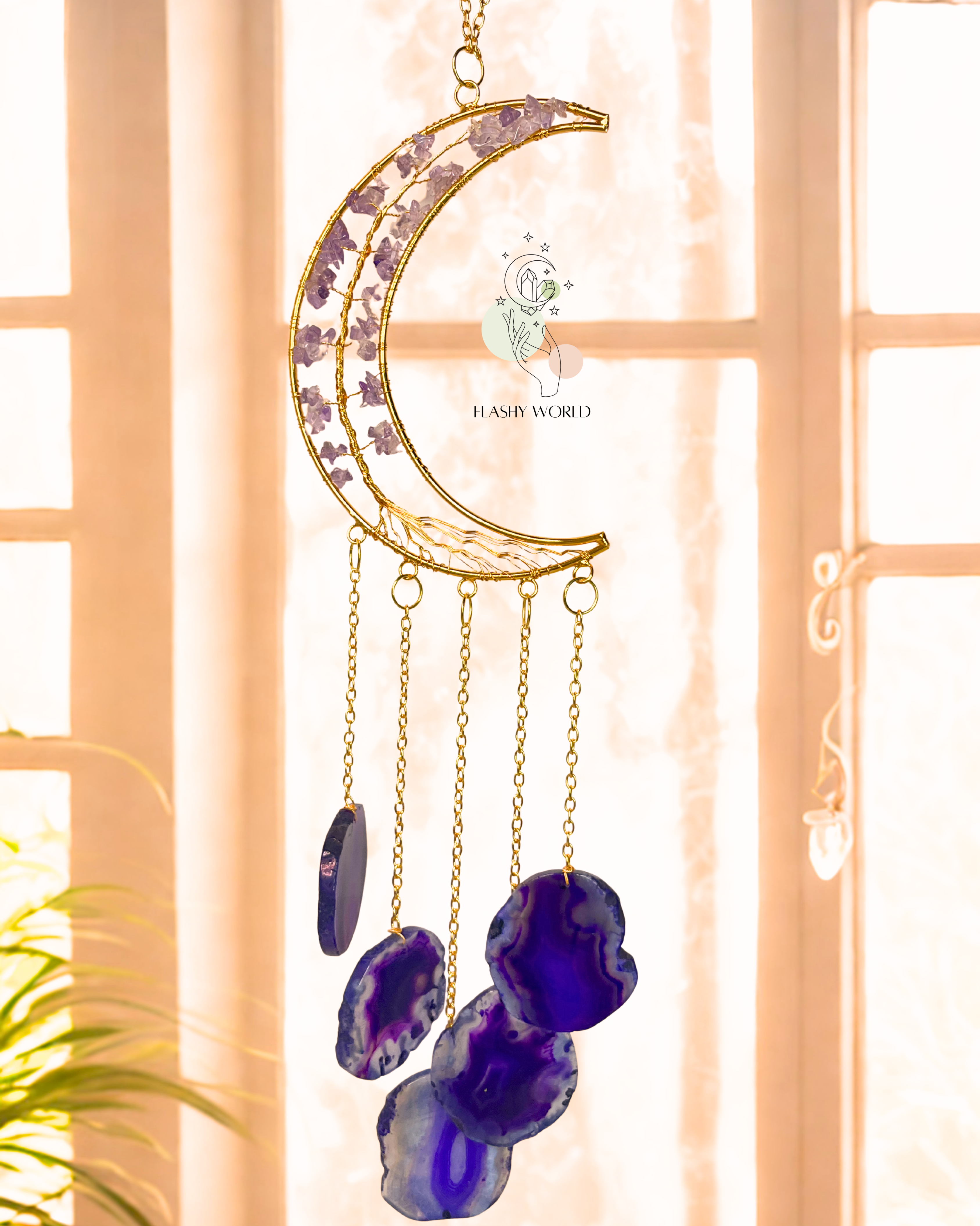 Handmade Amethyst Moon Tree Wall Hanger with Agate Coaster Plates | Crystal Wind Chime for Home Decor, Healing & Gifting