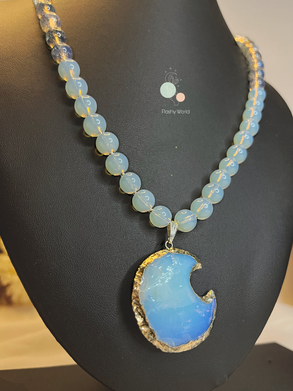 Opalite Moon Pendant Necklace – 8mm Beaded Healing Crystal Jewelry | Glow-in-Light Natural Stone Necklace