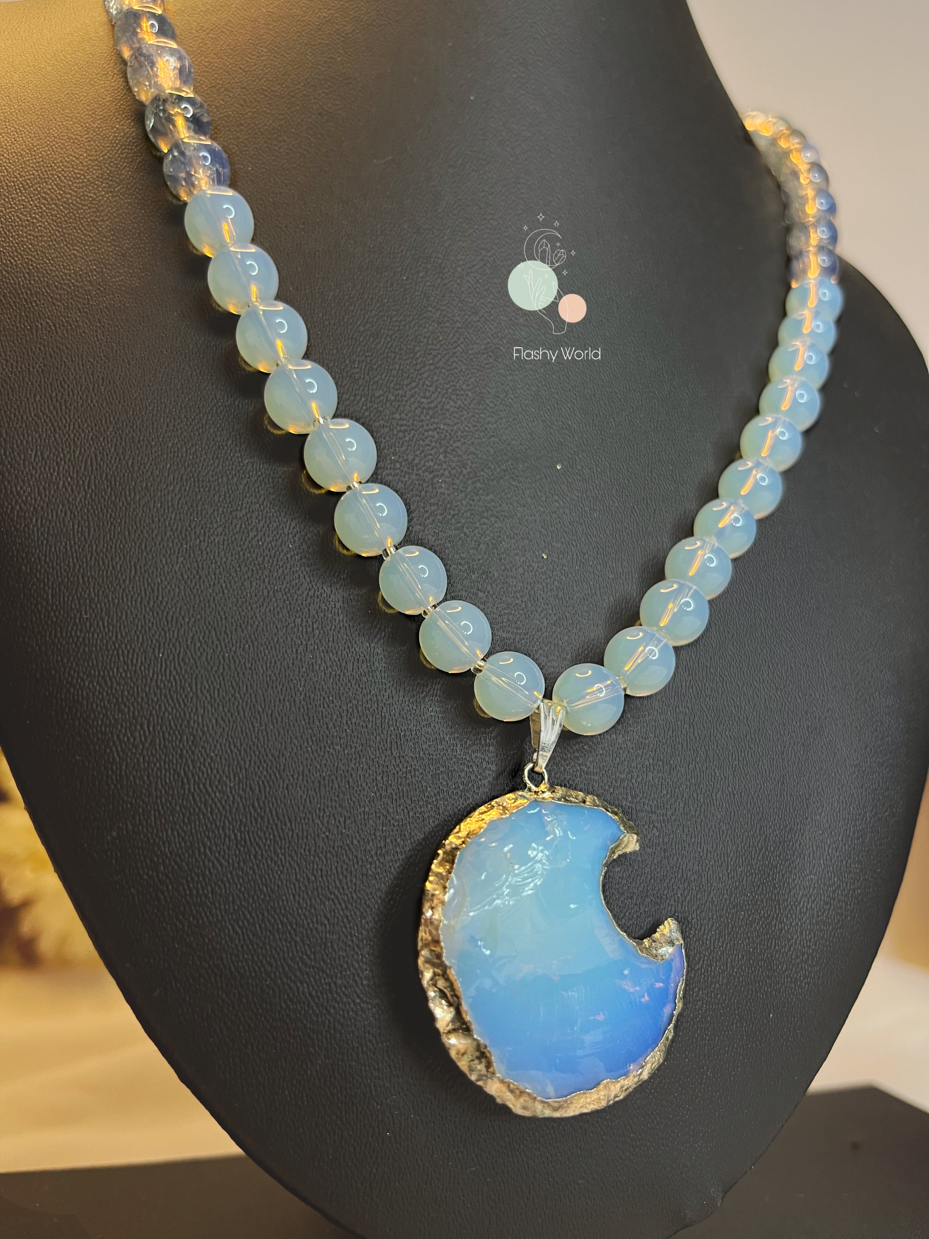 Opalite Moon Pendant Necklace – 8mm Beaded Healing Crystal Jewelry | Glow-in-Light Natural Stone Necklace