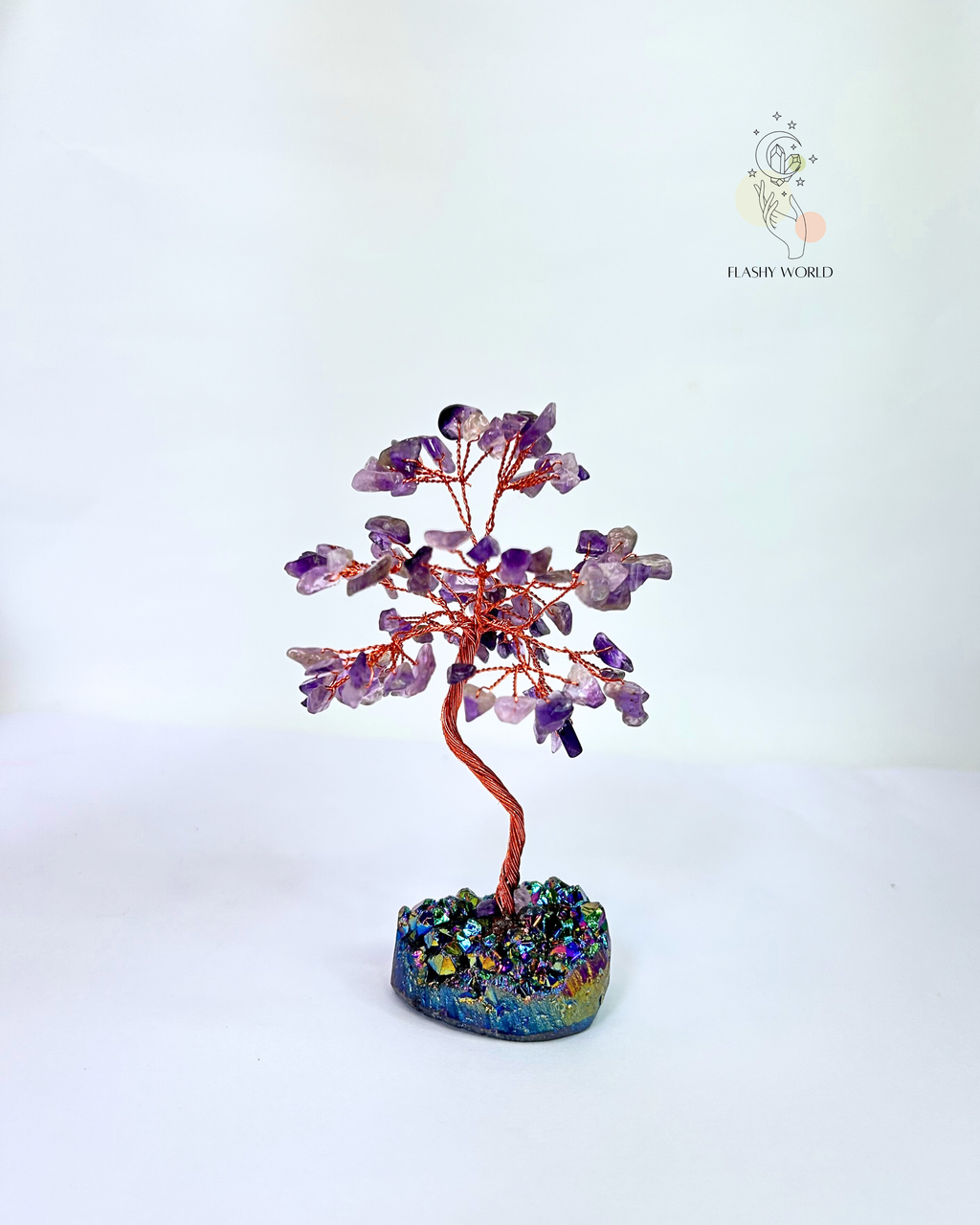 Amethyst Crystal Beaded Tree with Aura Cluster Base | Handmade Healing Stone Decor | Modern Vastu & Feng Shui Gift