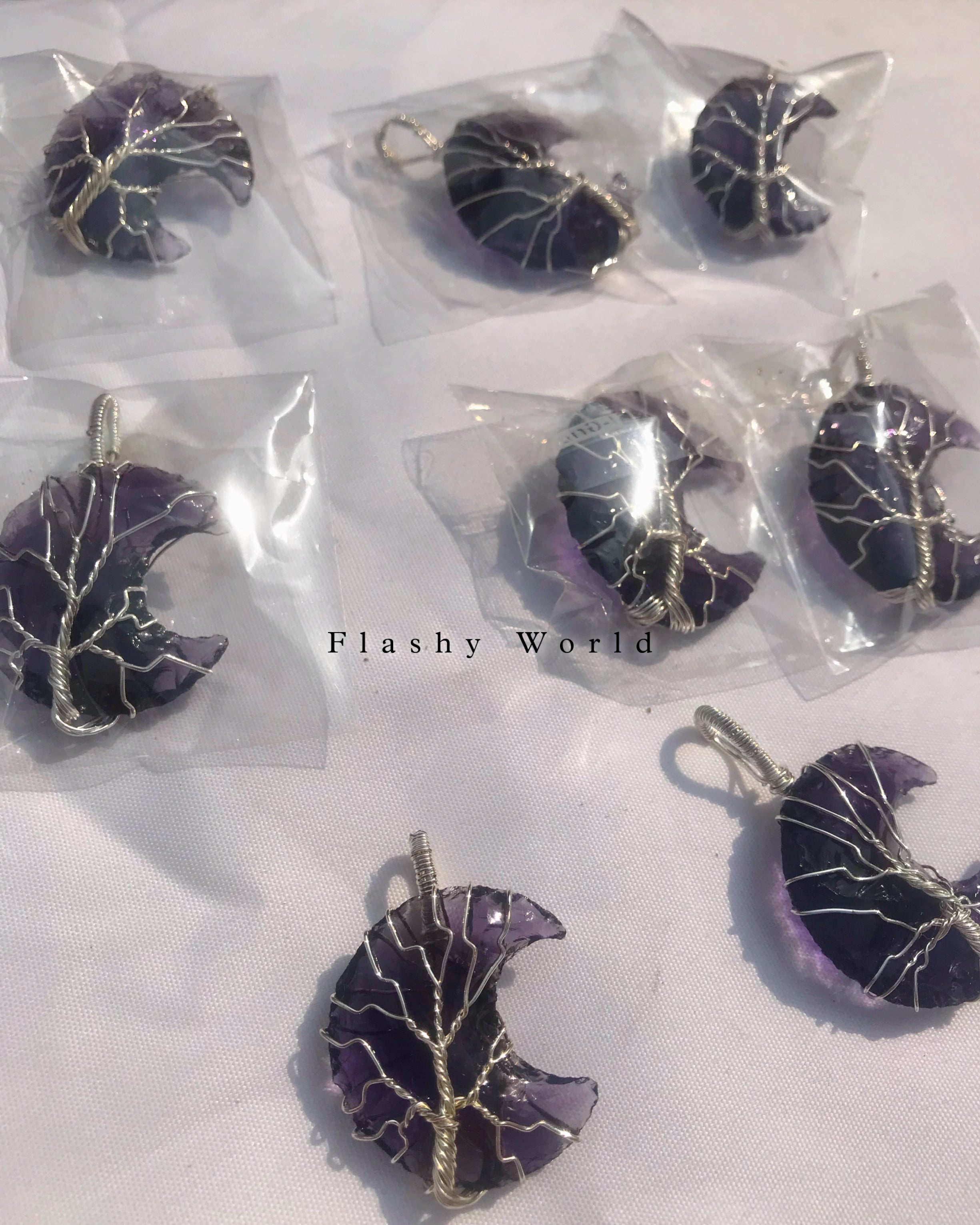 Amethyst Moon Pendant with Silver Wire Wrap + Free Silver Chain