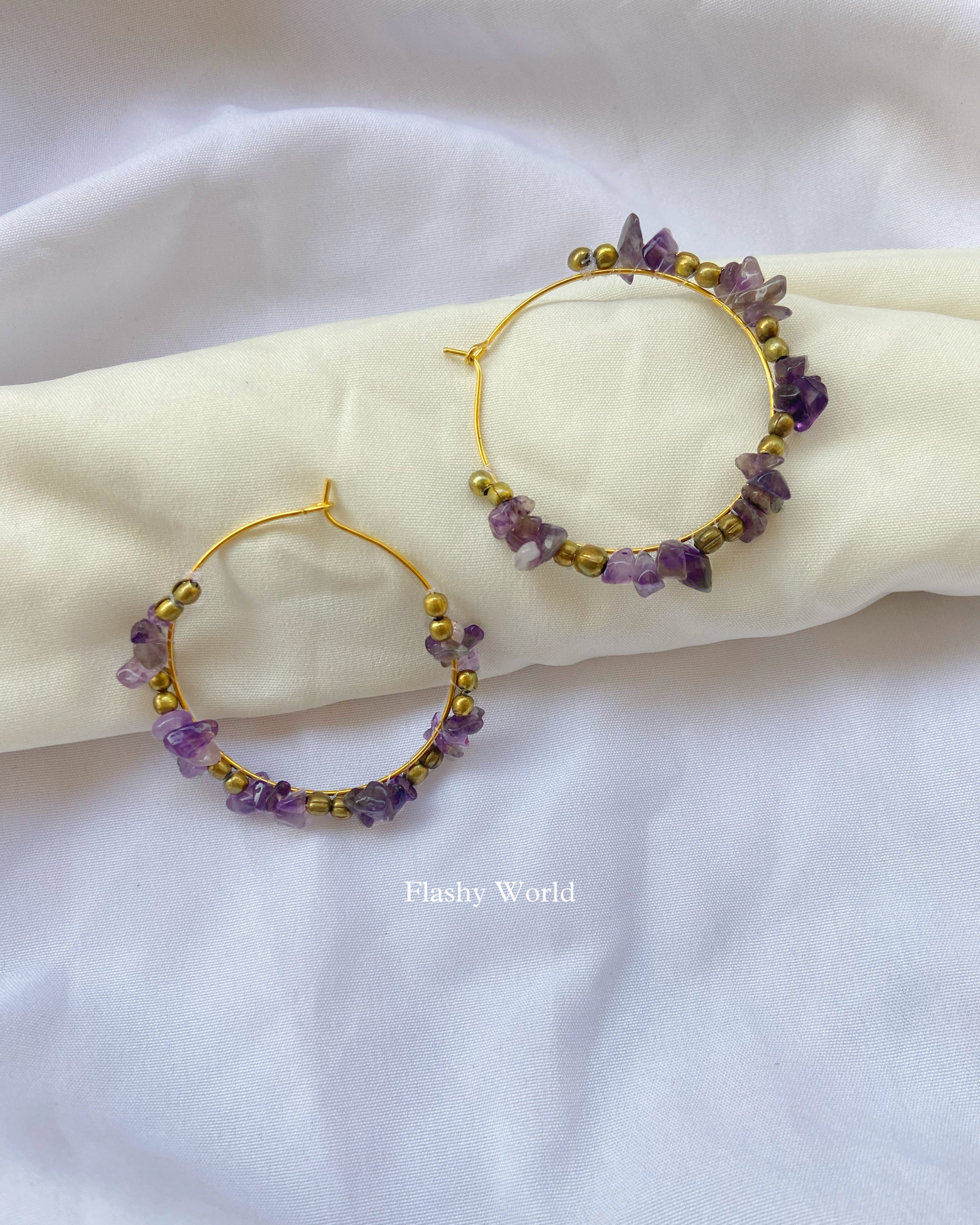Handmade Amethyst Chip Beads Hoop Earrings | Natural Amethyst Crystal Earrings for Girls & Women