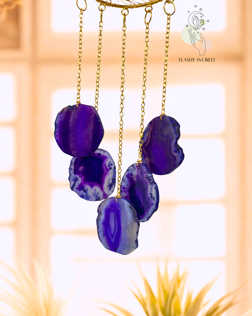Handmade Amethyst Moon Tree Wall Hanger with Agate Coaster Plates | Crystal Wind Chime for Home Decor, Healing & Gifting