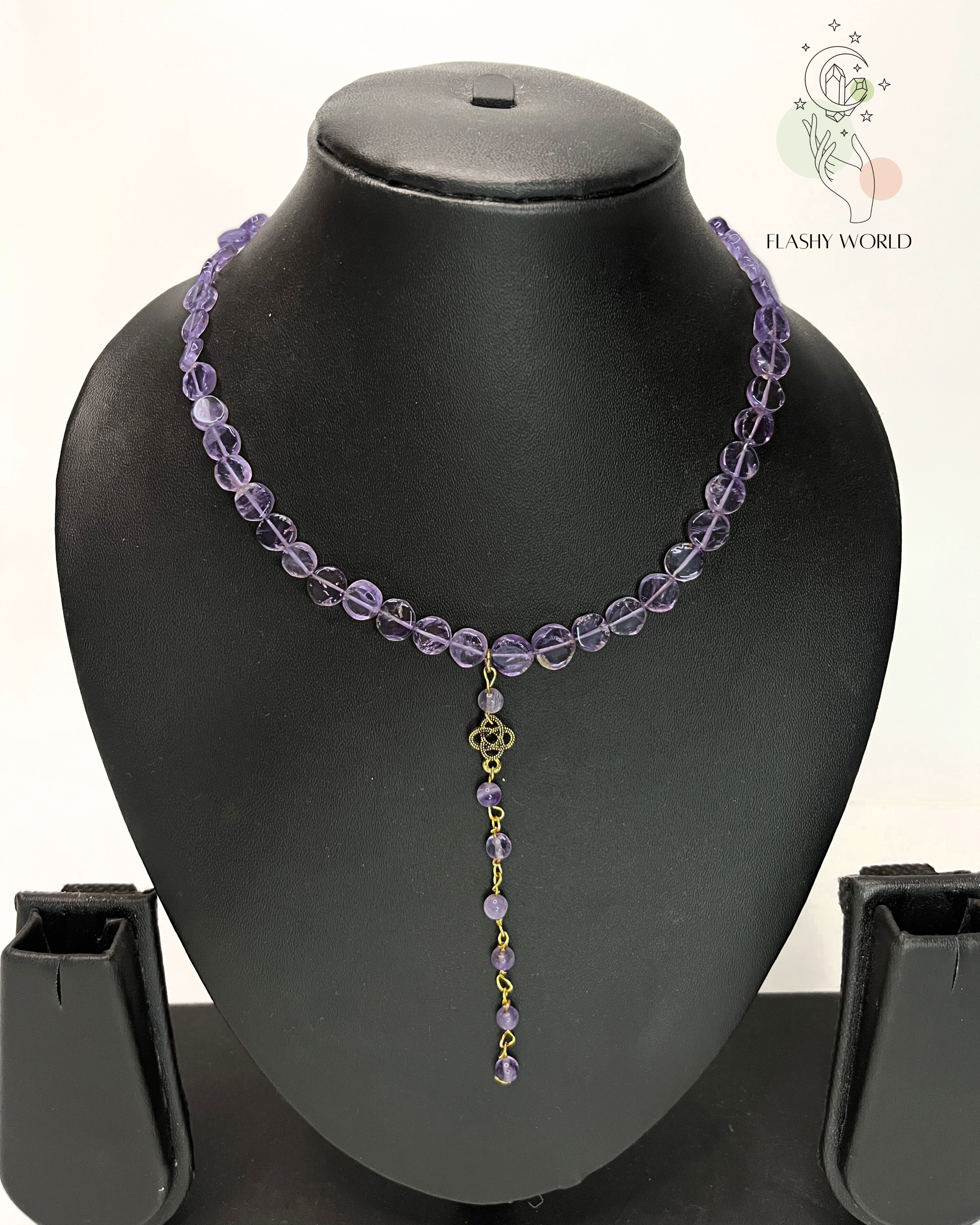 Amethyst Coin Shape Necklace with Gold Chain | Lightweight Healing Crystal Necklace for Women | Handmade Jewelry India