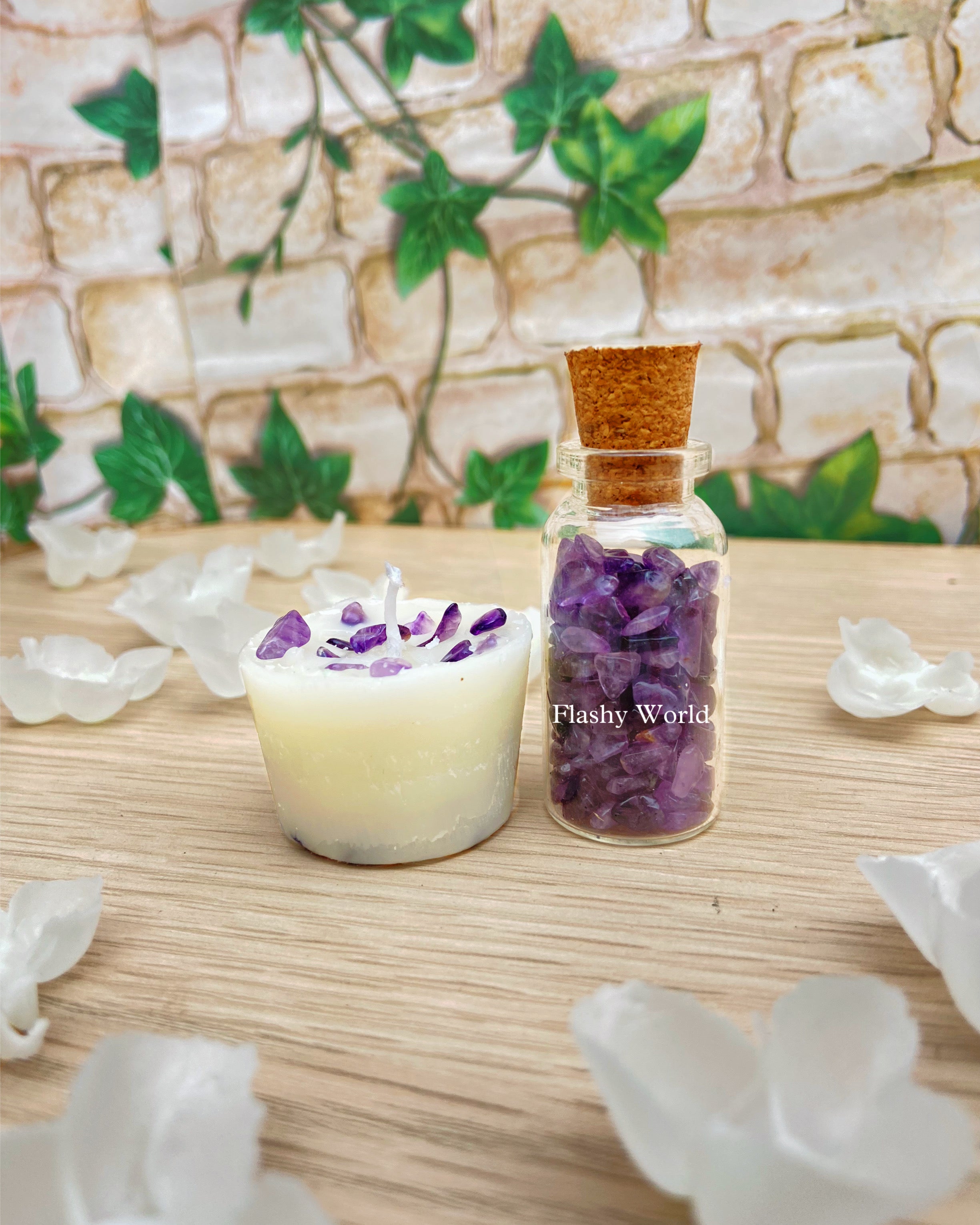 Amethyst Mini Candle + Pocket Crystal Bottle — Rose-scented Votive & Amethyst Tumble Gift Set