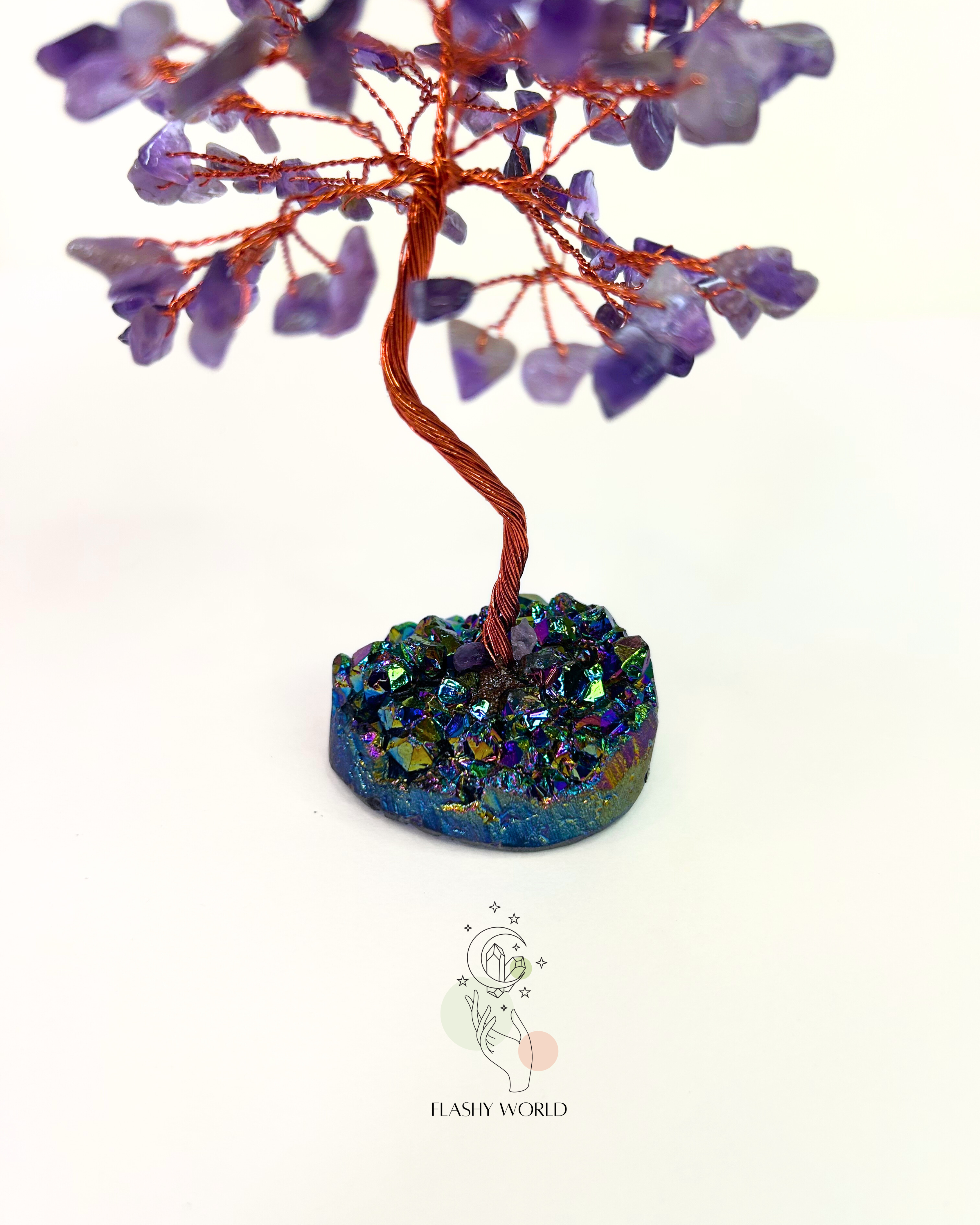 Amethyst Crystal Beaded Tree with Aura Cluster Base | Handmade Healing Stone Decor | Modern Vastu & Feng Shui Gift