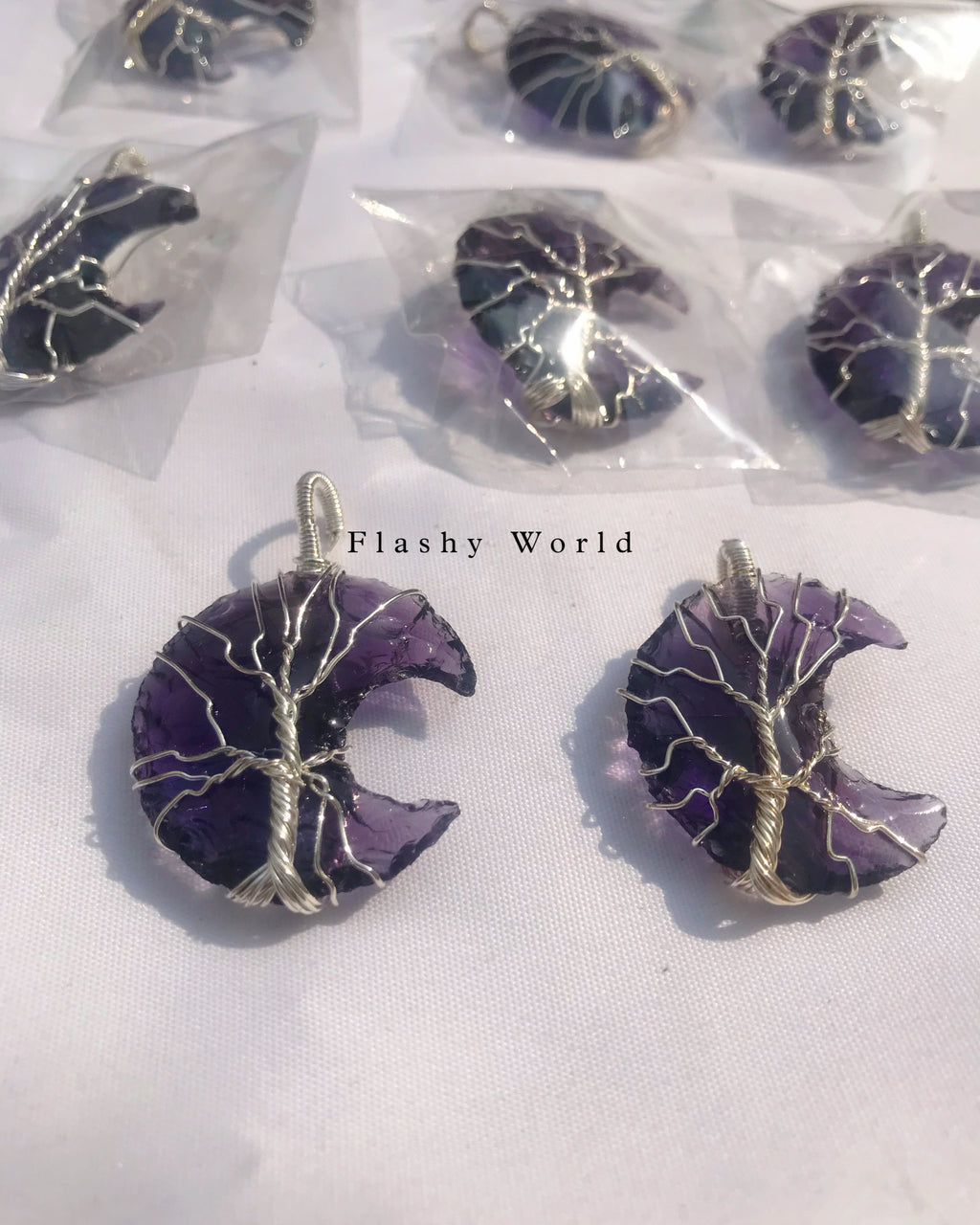 Amethyst Moon Pendant with Silver Wire Wrap + Free Silver Chain