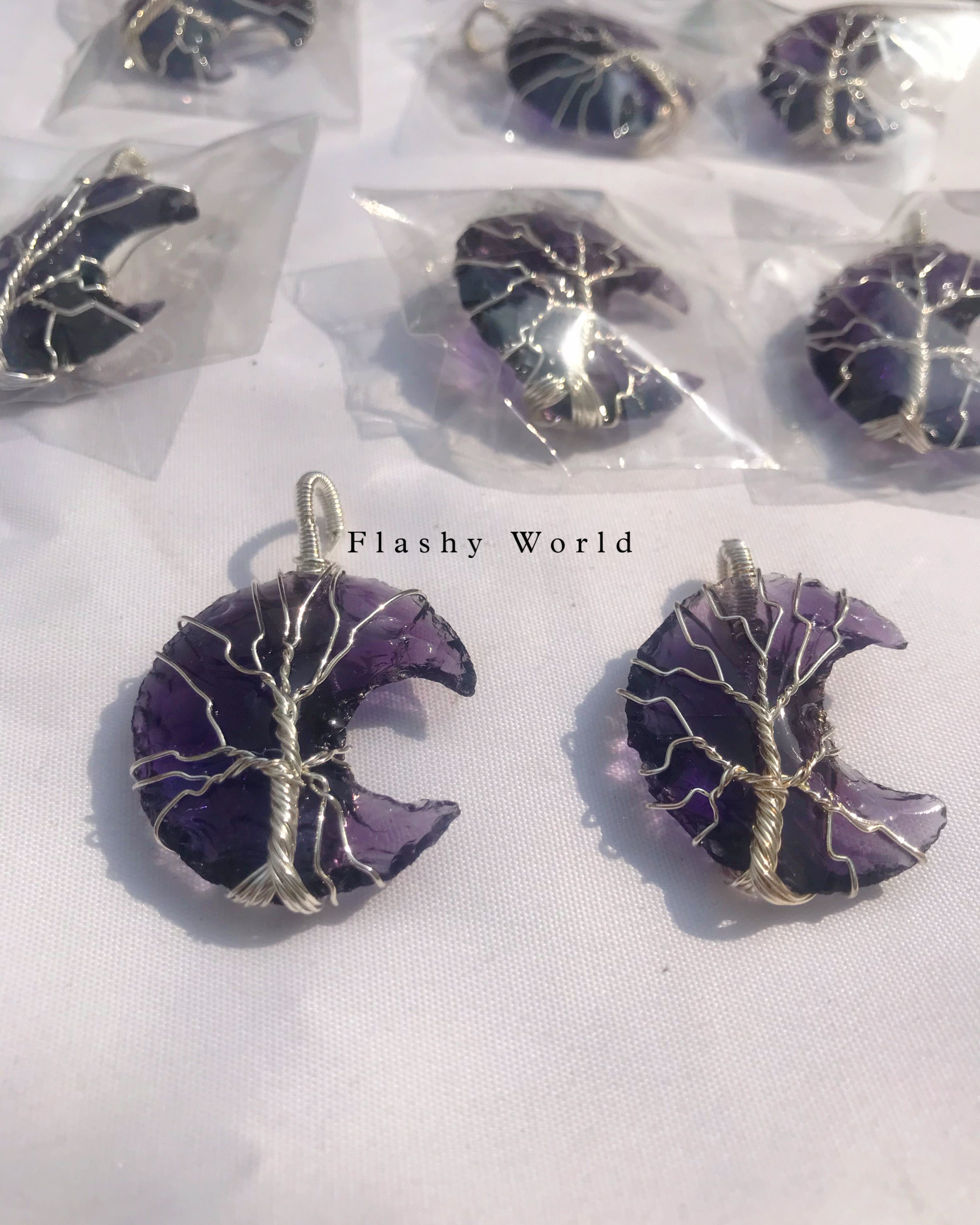 Amethyst Moon Pendant with Silver Wire Wrap + Free Silver Chain