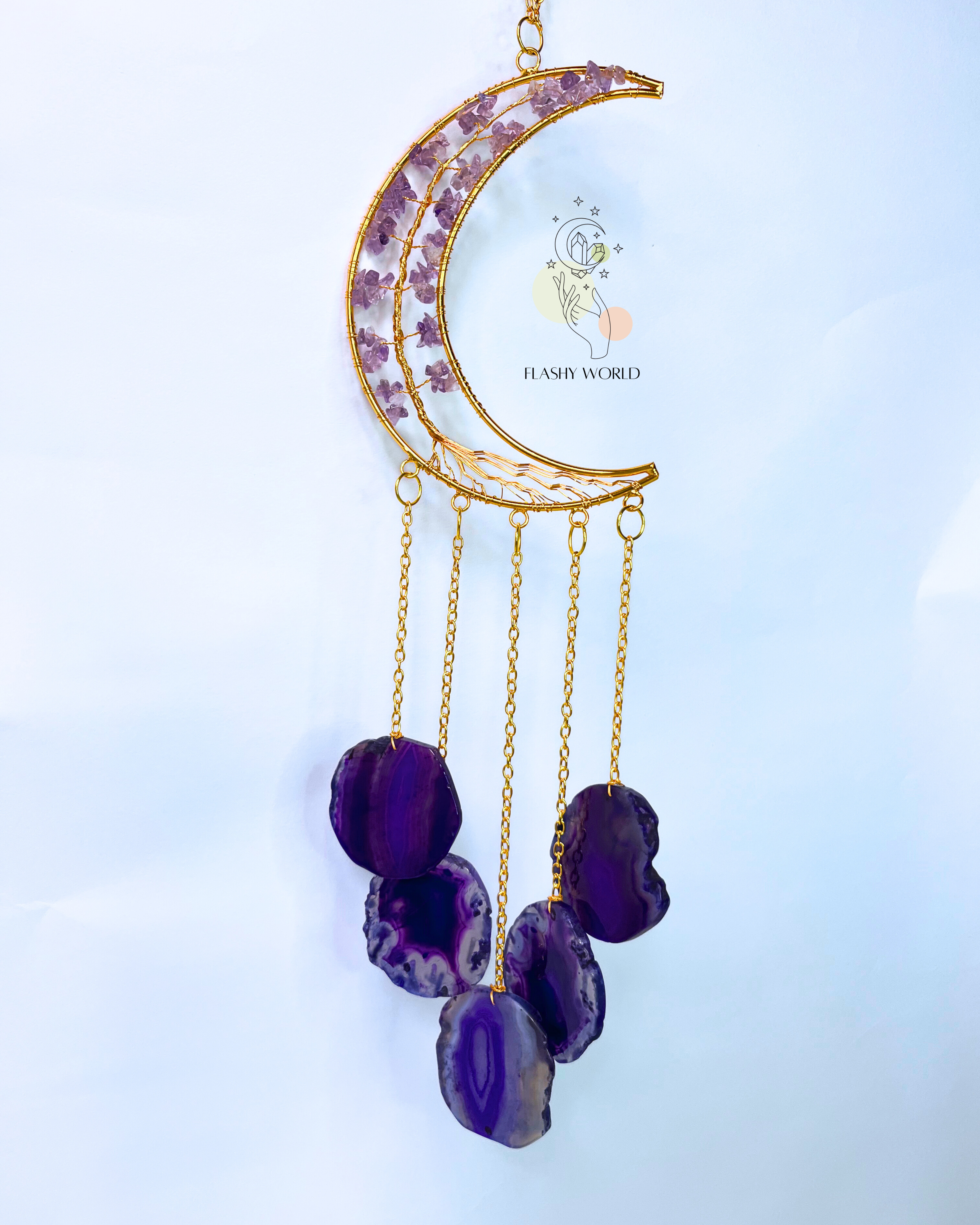 Handmade Amethyst Moon Tree Wall Hanger with Agate Coaster Plates | Crystal Wind Chime for Home Decor, Healing & Gifting