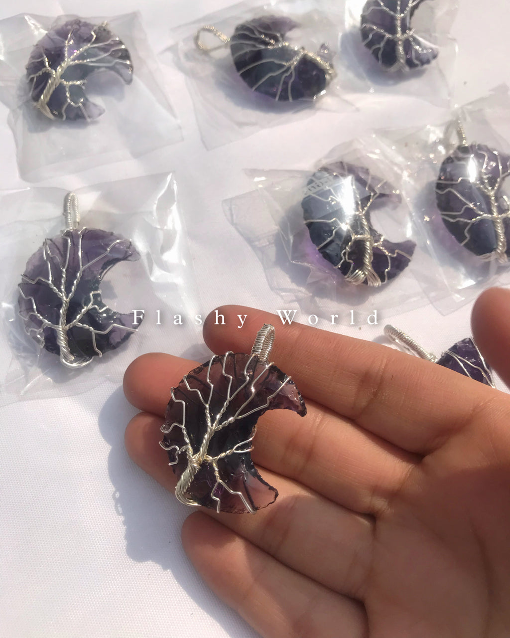 Amethyst Moon Pendant with Silver Wire Wrap + Free Silver Chain