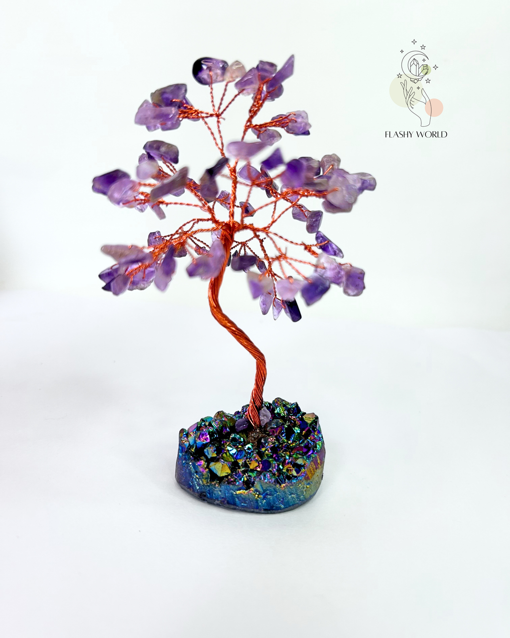 Amethyst Crystal Beaded Tree with Aura Cluster Base | Handmade Healing Stone Decor | Modern Vastu & Feng Shui Gift