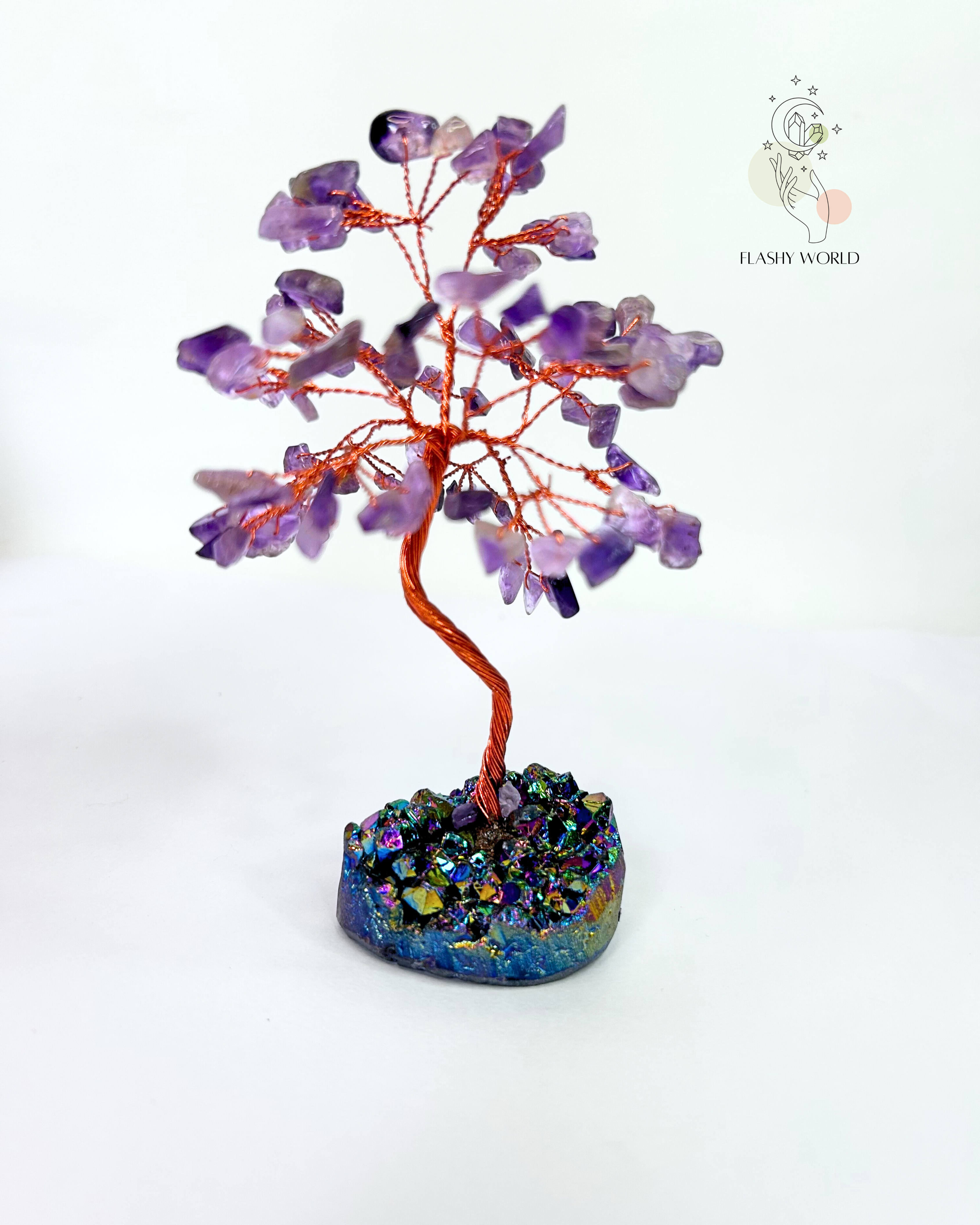 Amethyst Crystal Beaded Tree with Aura Cluster Base | Handmade Healing Stone Decor | Modern Vastu & Feng Shui Gift