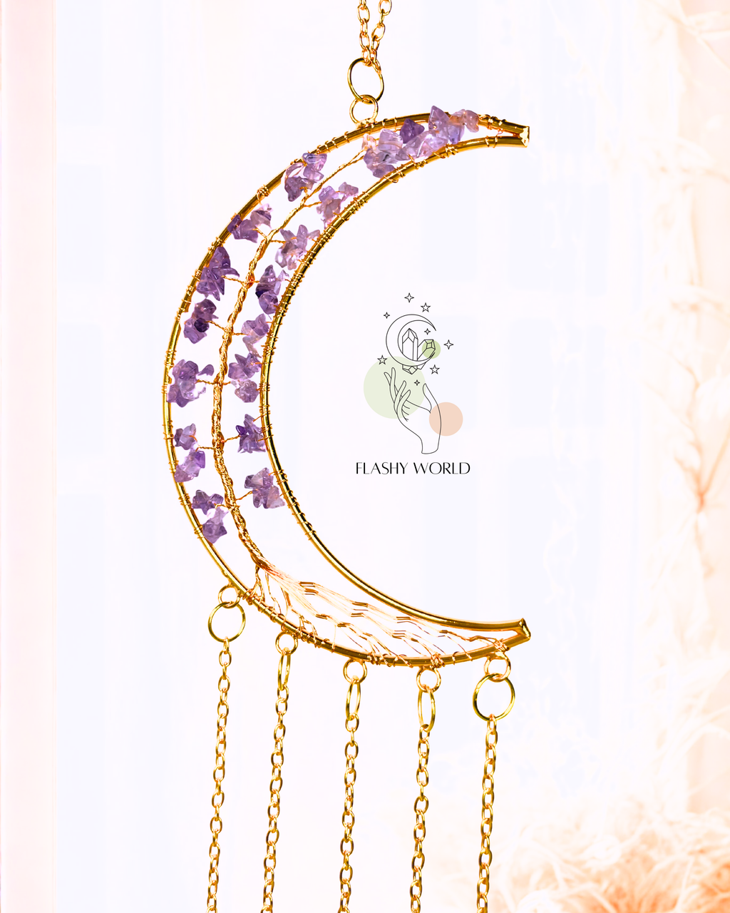 Handmade Amethyst Moon Tree Wall Hanger with Agate Coaster Plates | Crystal Wind Chime for Home Decor, Healing & Gifting