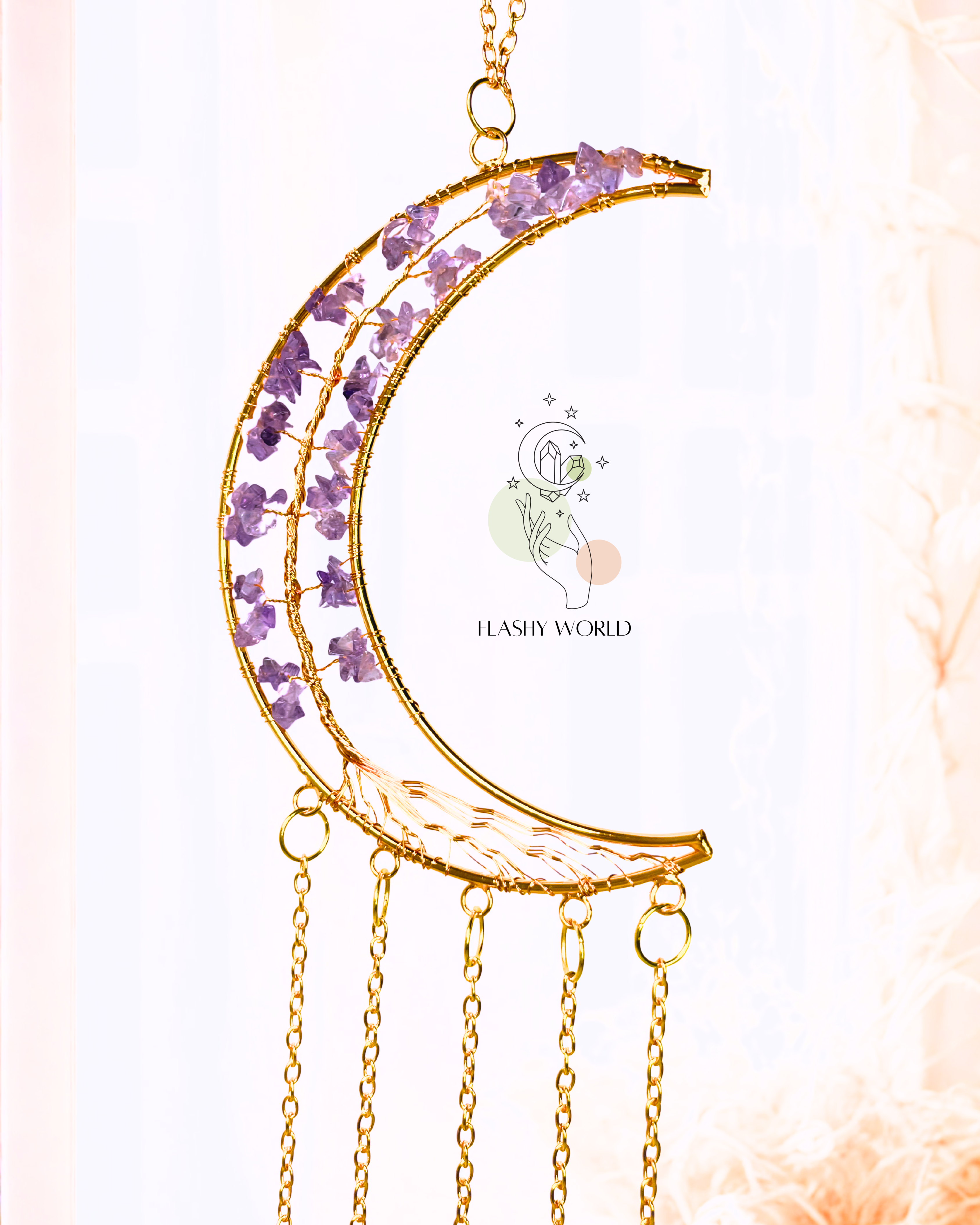 Handmade Amethyst Moon Tree Wall Hanger with Agate Coaster Plates | Crystal Wind Chime for Home Decor, Healing & Gifting