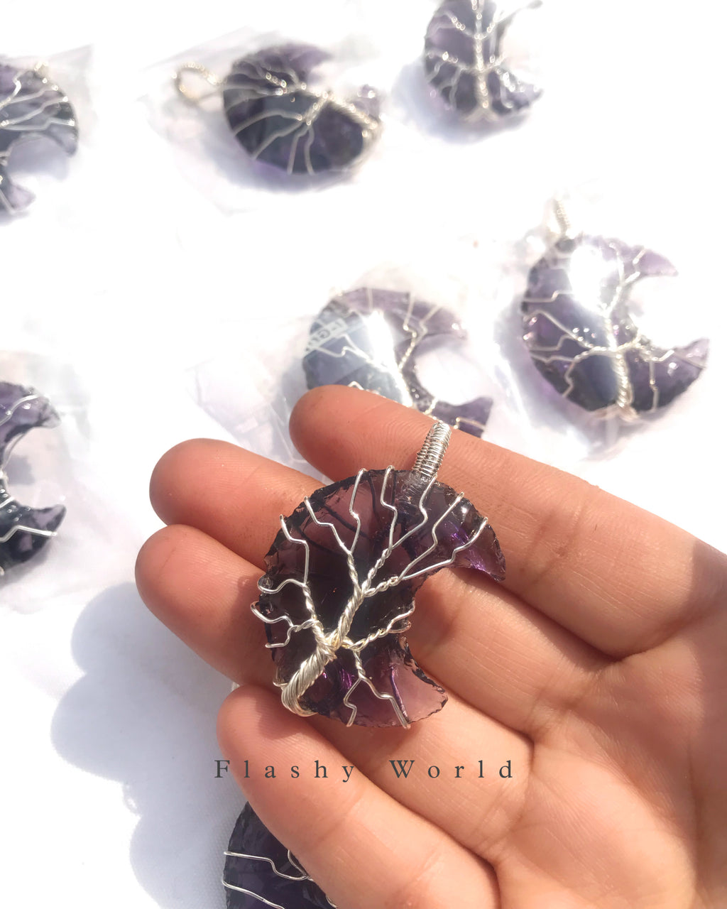 Amethyst Moon Pendant with Silver Wire Wrap + Free Silver Chain