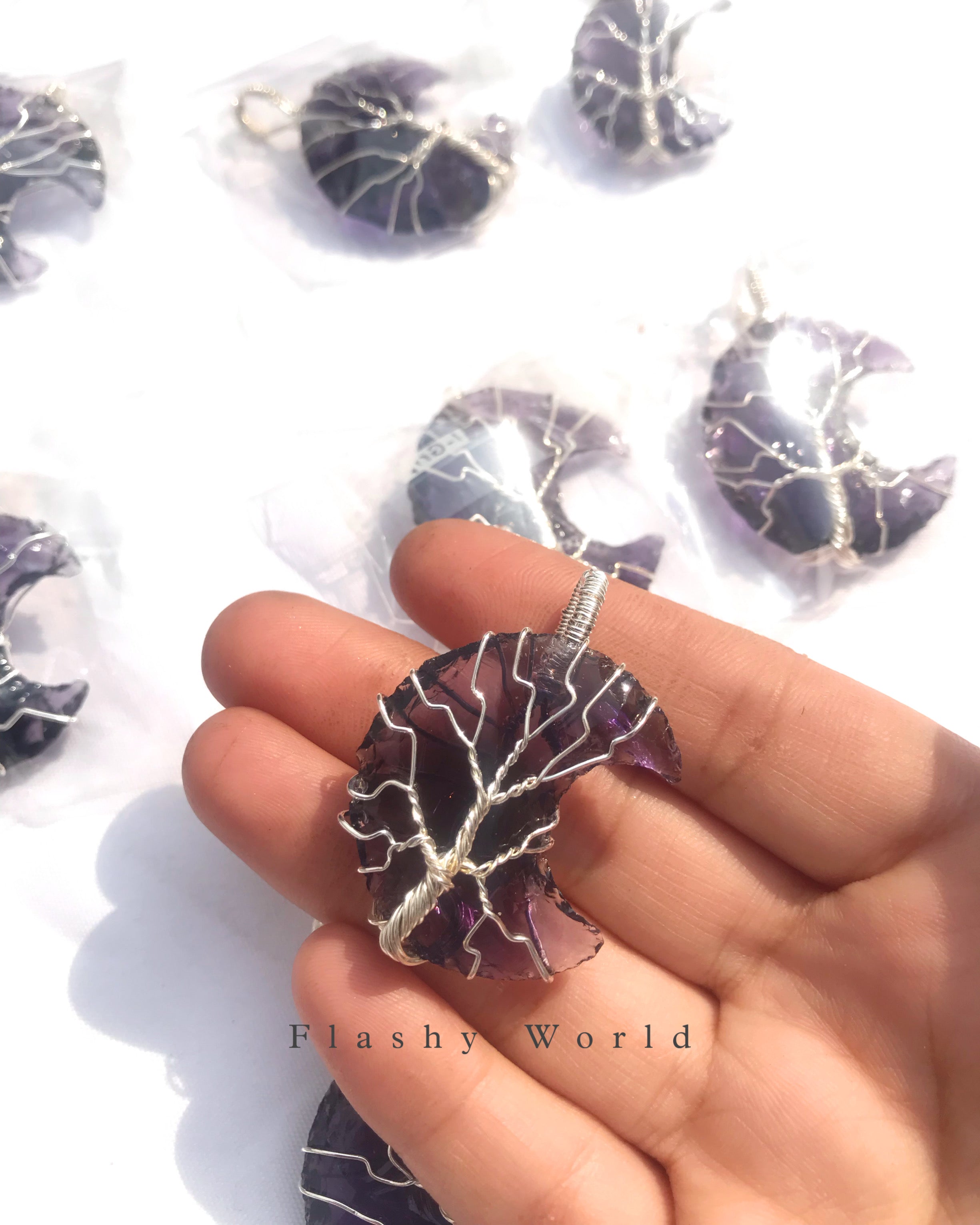 Amethyst Moon Pendant with Silver Wire Wrap + Free Silver Chain