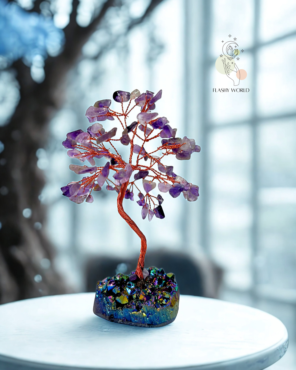 Amethyst Crystal Beaded Tree with Aura Cluster Base | Handmade Healing Stone Decor | Modern Vastu & Feng Shui Gift
