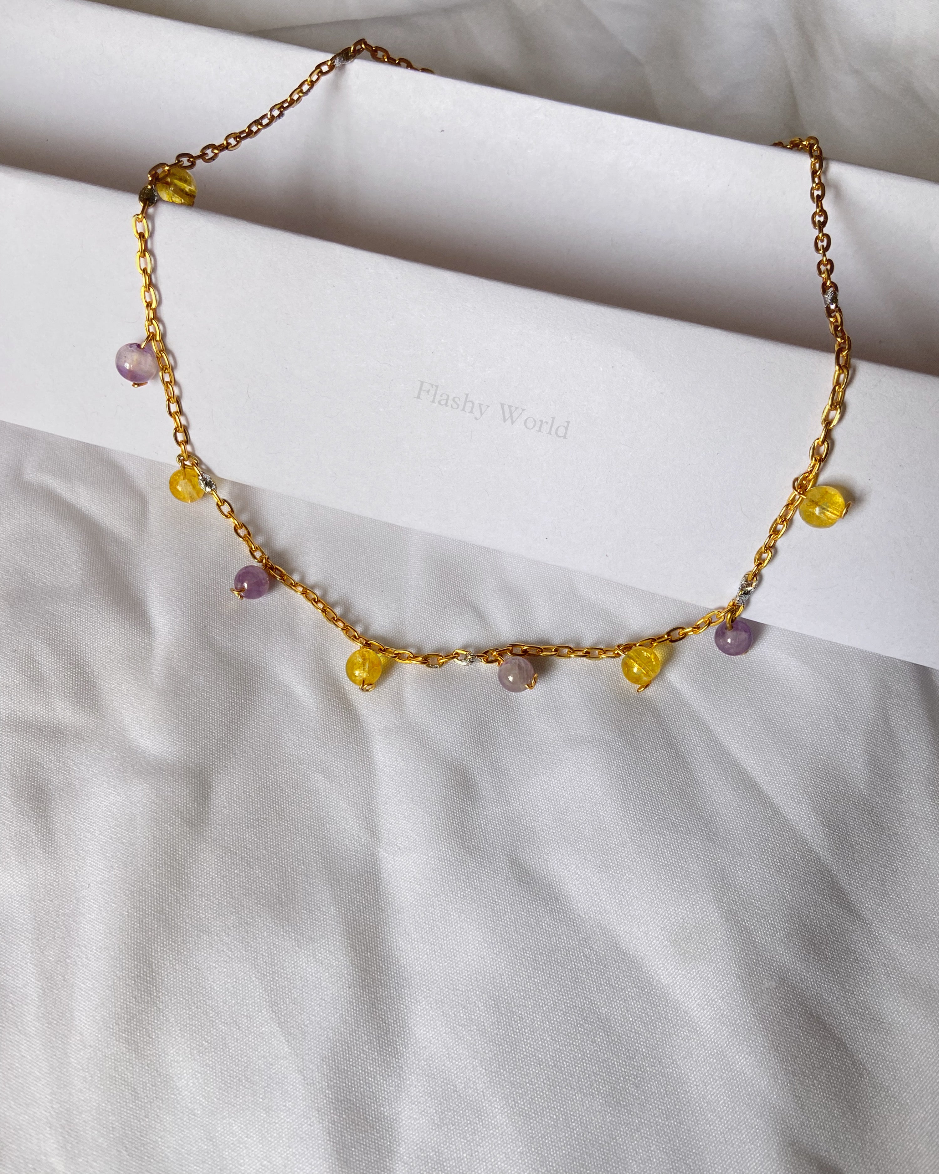 Handmade Citrine & Amethyst Minimal Necklace on Lifetime Golden Chain | Natural Crystal Necklace for Wealth, Calm & Positive Energy